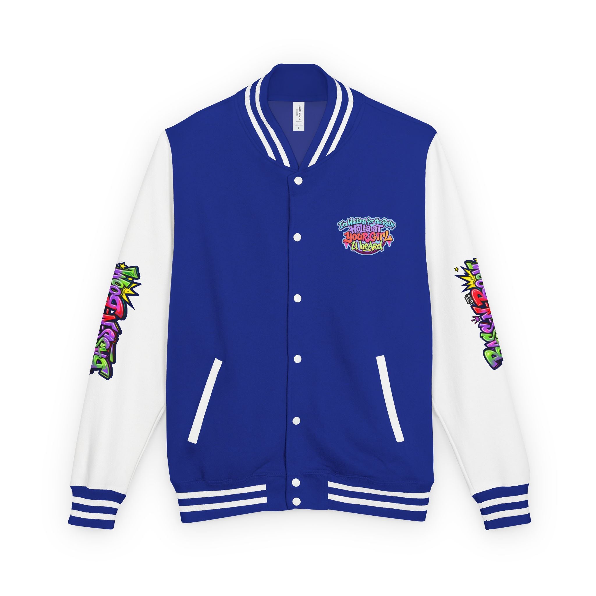 Letterman Jacket — "I'm Waiting For The Reup" Colorful Retro Hip‑Hop Varsity