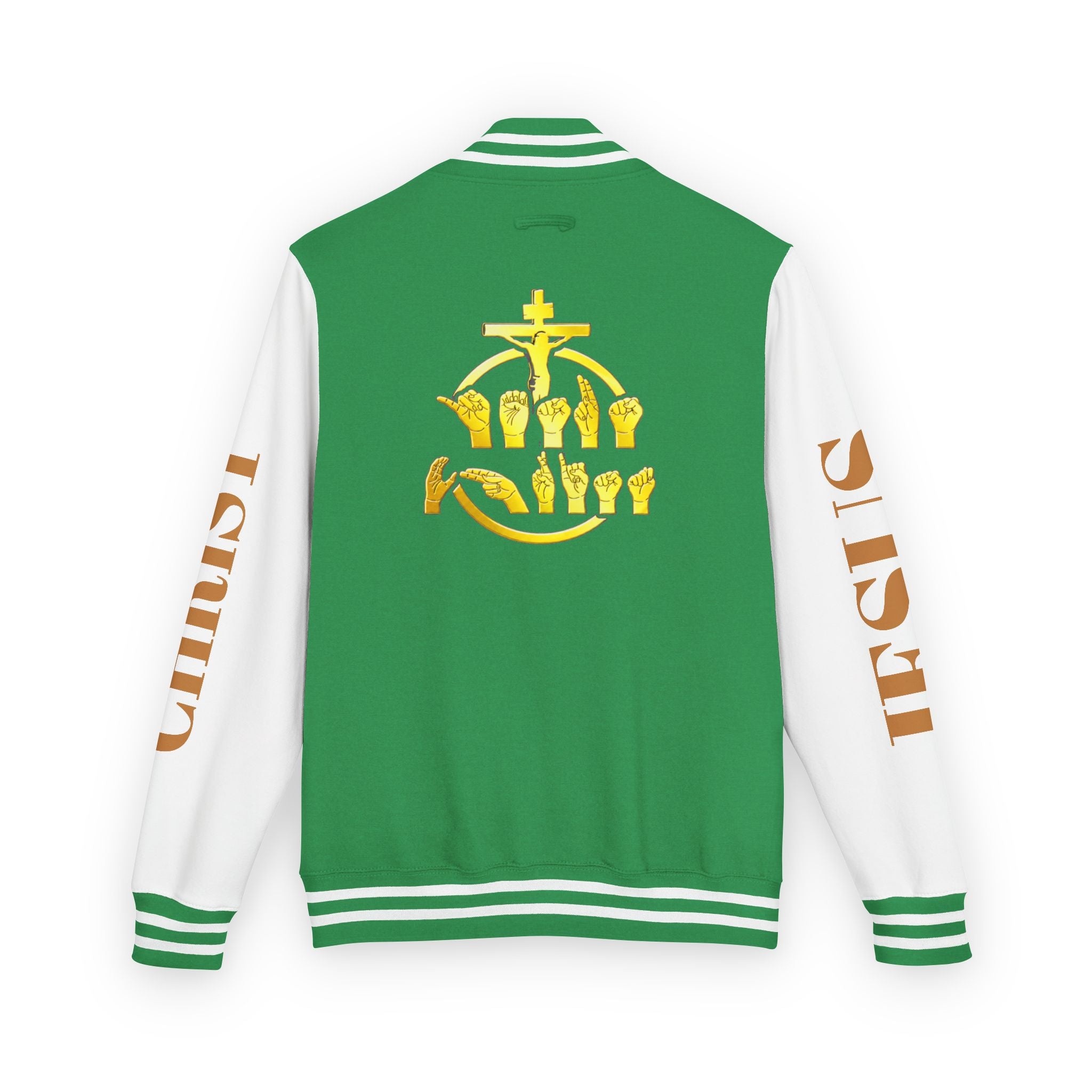 "Sign language Jesus Christ "     Christian Crown Letterman Jacket - 'Jesus Christ' Sleeve Varsity Jacket