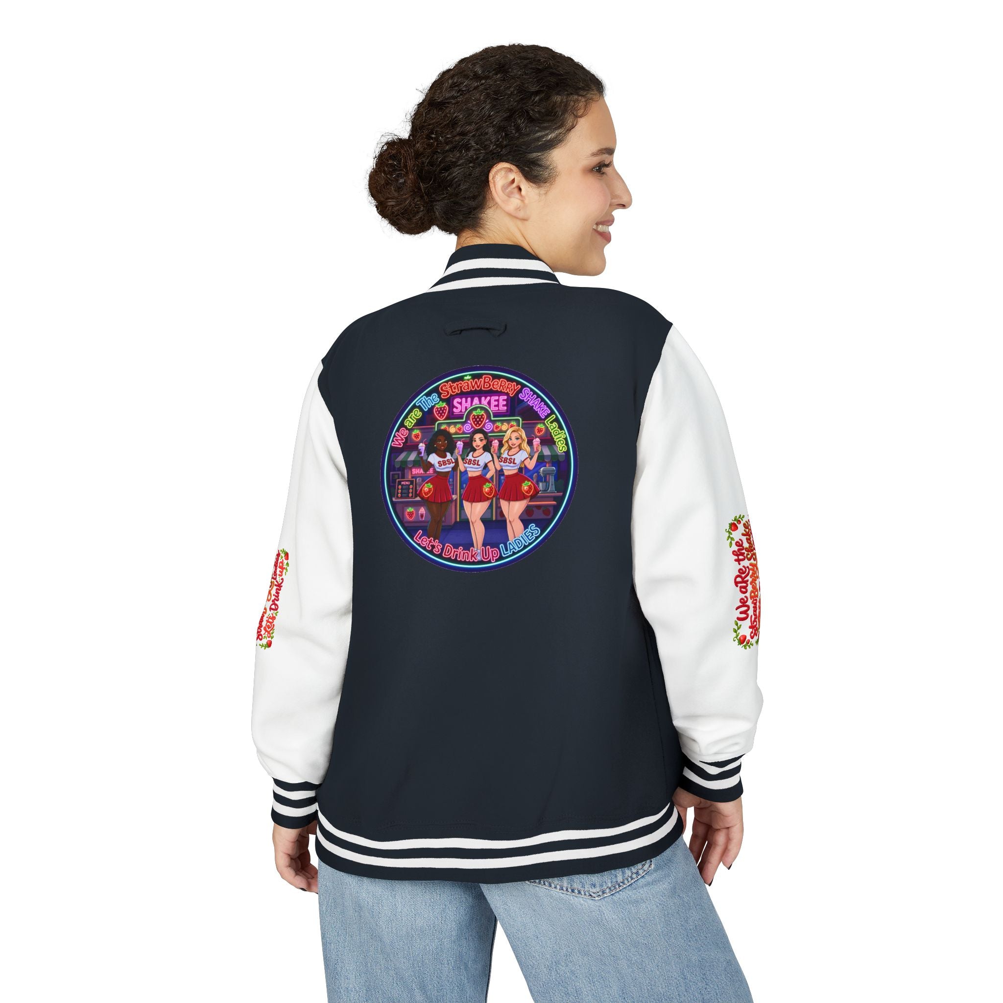 Letterman Jacket —" We Are The Strawberry Shake Ladies " Retro Shakee Cheer Graphic
