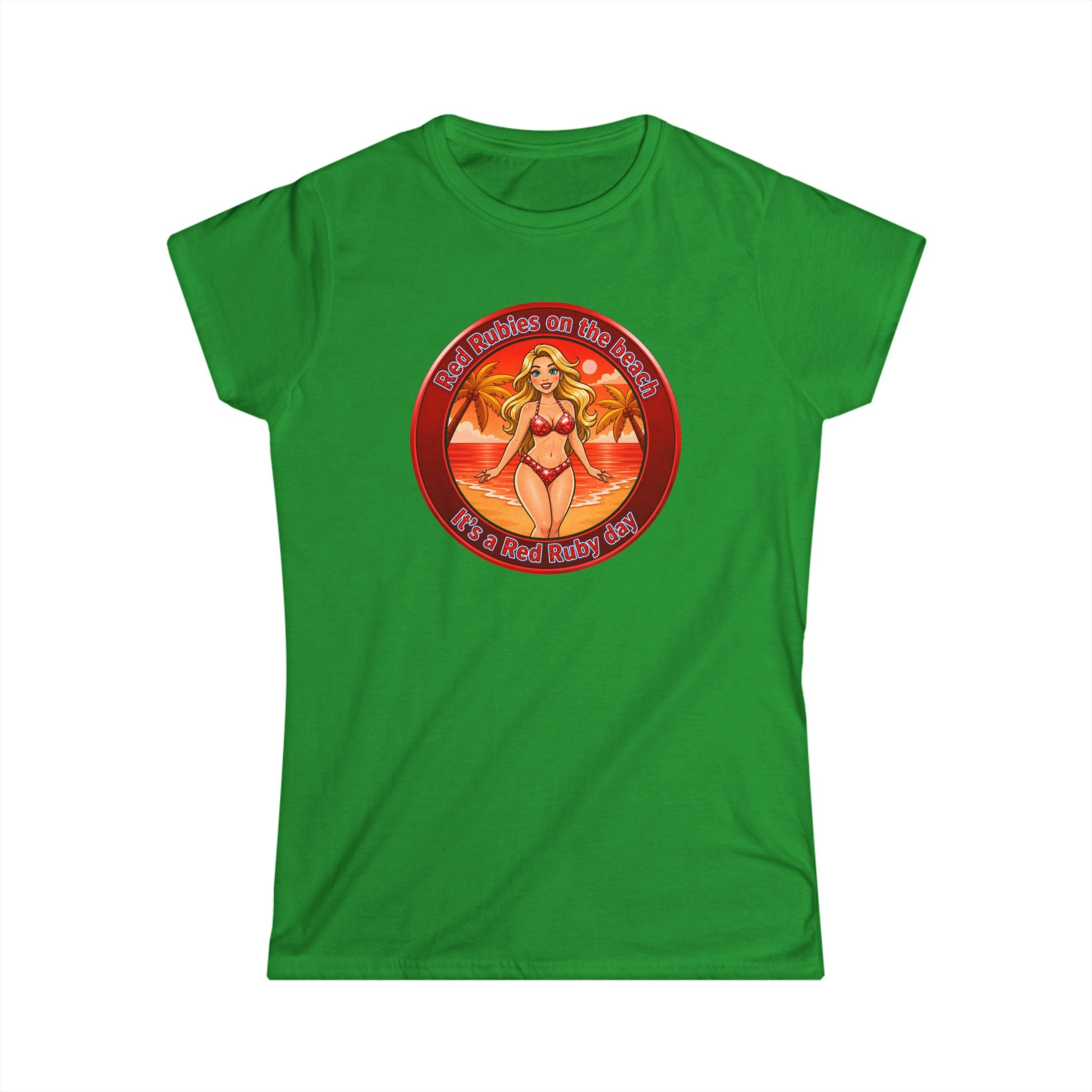 Beach Babe Graphic Tee — "Red Rubies On The Beach" Retro Bikini Design