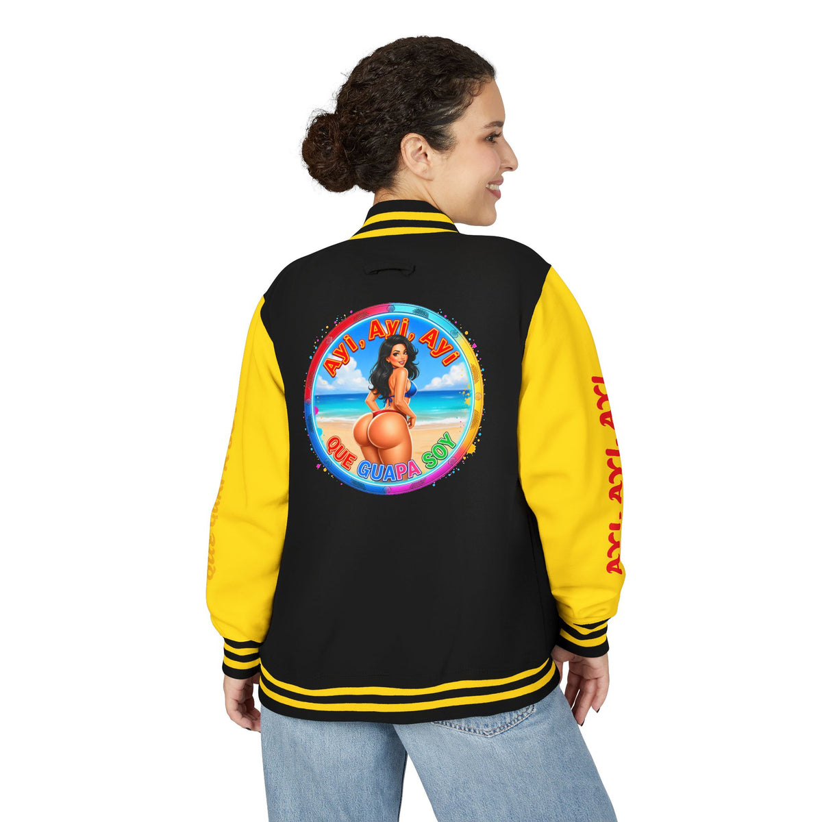 Letterman Jacket – Retro Beach Pinup Varsity Jacket with 'Ayi Ayi Ayi' Graphic
