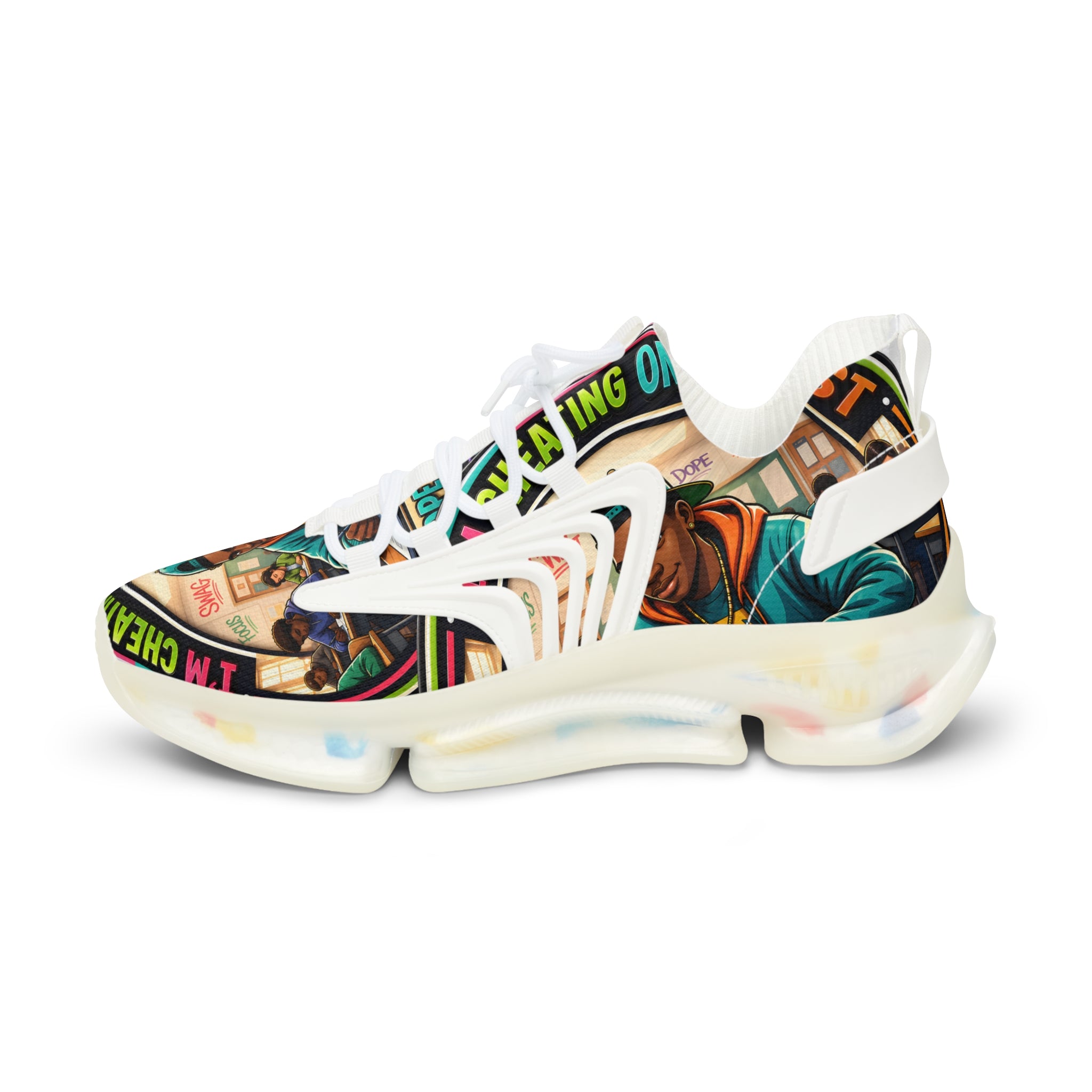 Men's Mesh Sneakers — Colorful Urban Art Graphic Trainers with 'Im Cheating On My Test' Design