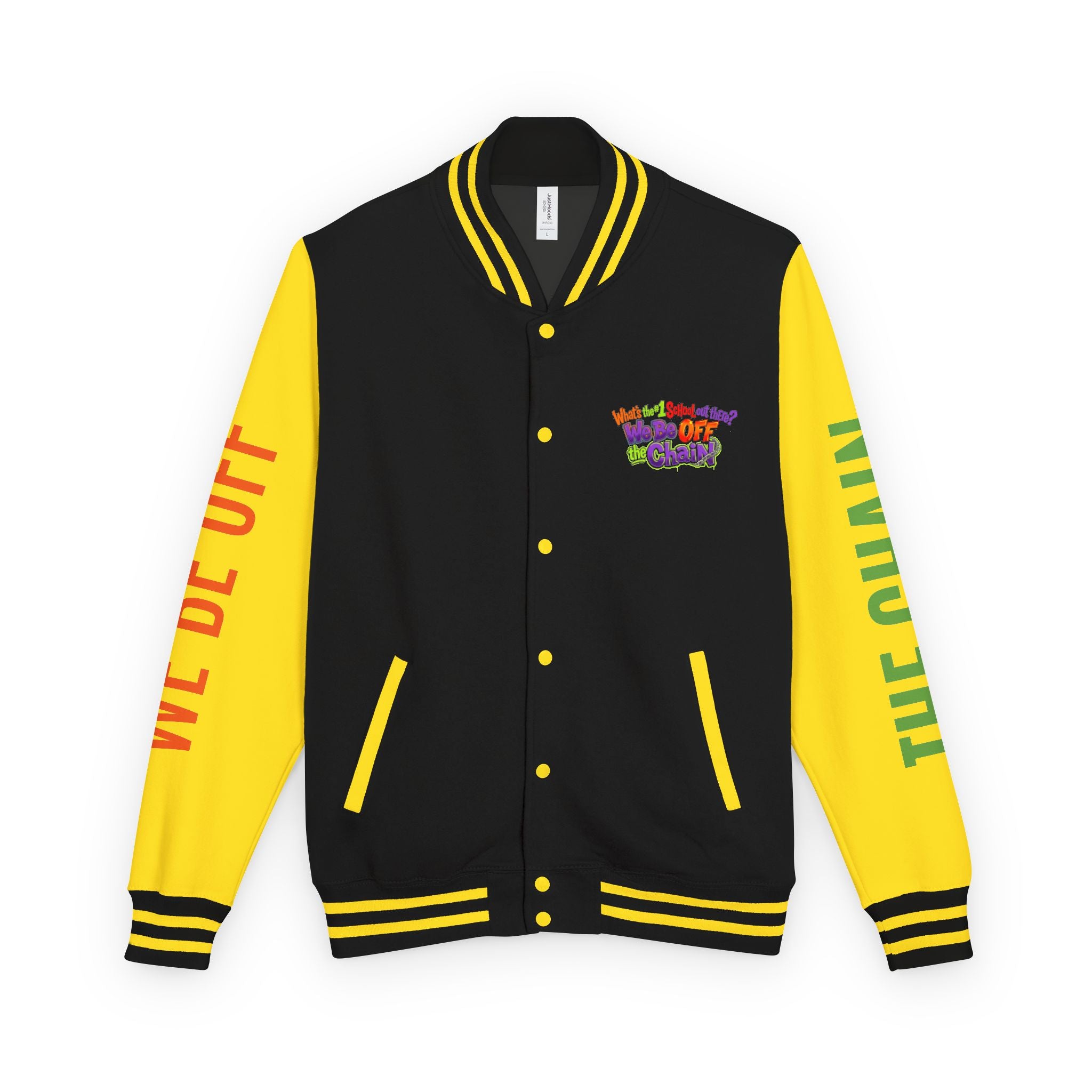 Retro Colorblock Letterman Jacket — 'We Be Off The Chain' Sleeve Print