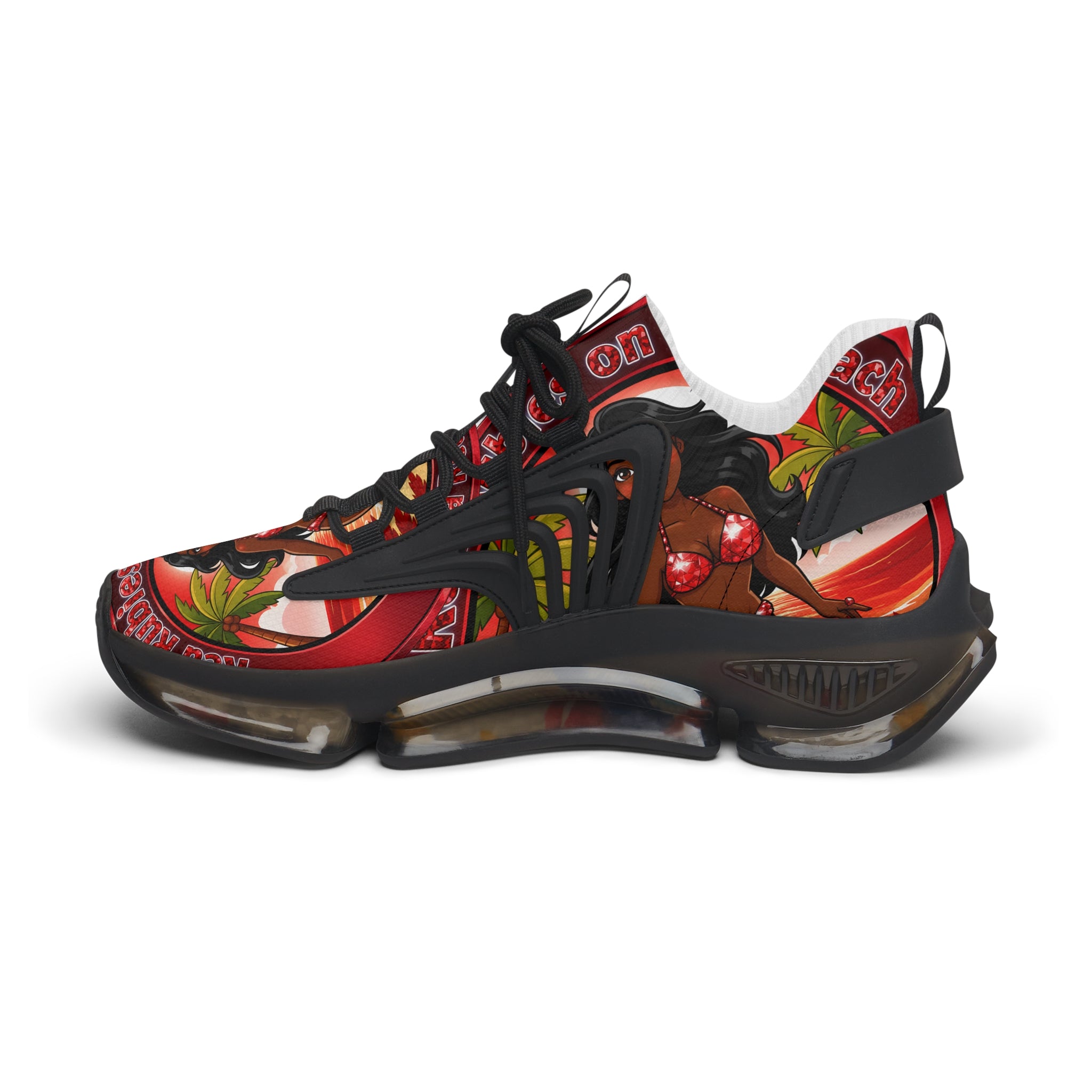 Women’s Mesh Sneakers —"Red Rubies On The Beach" Tropical Pinup Graphic Athletic Shoes