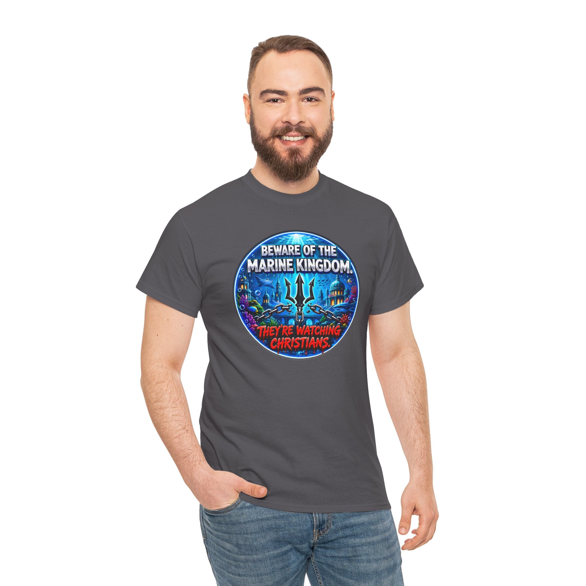 T‑Shirt — "Beware of the Marine Kingdom: They're Watching Christians" Vintage Ocean Graphic