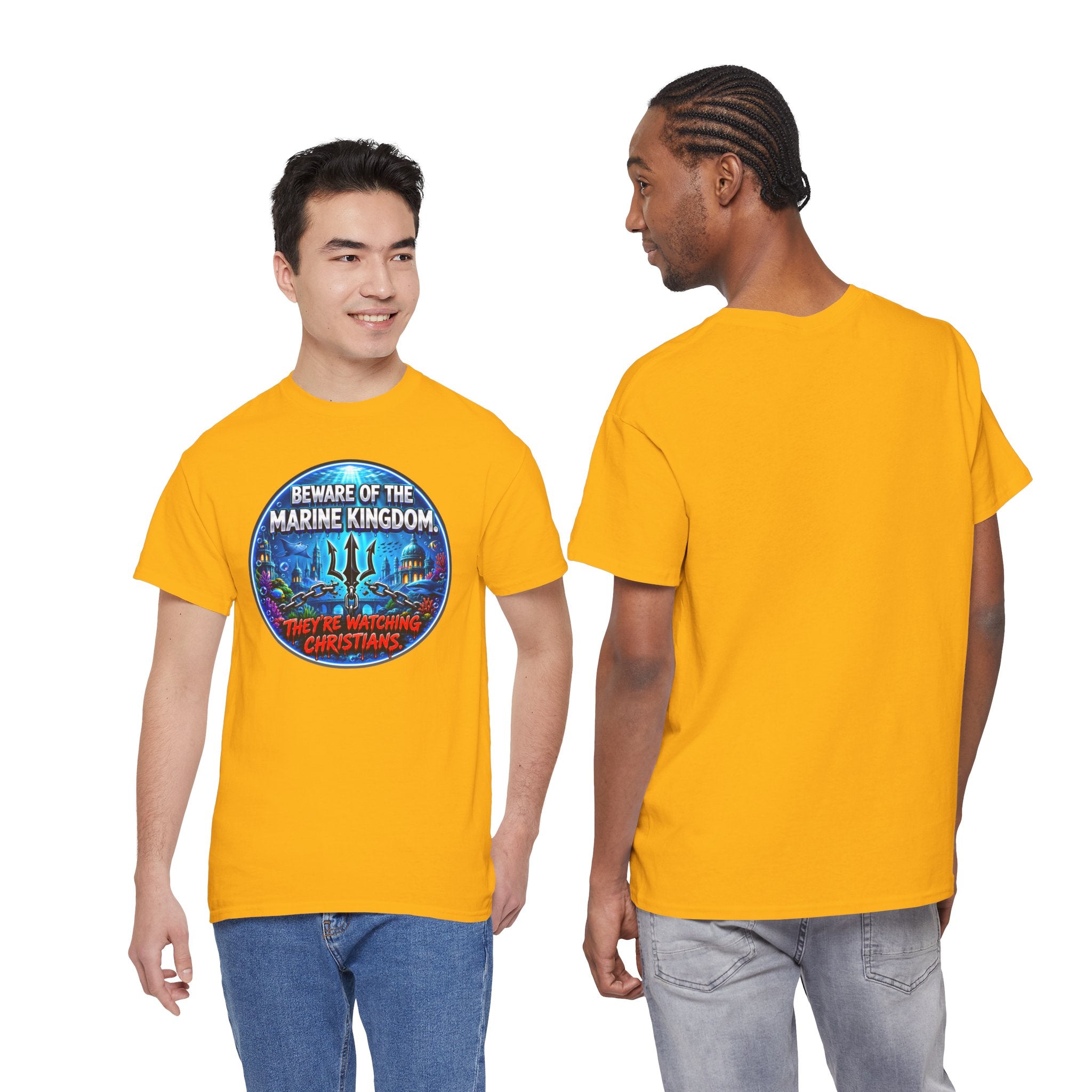T‑Shirt — "Beware of the Marine Kingdom: They're Watching Christians" Vintage Ocean Graphic