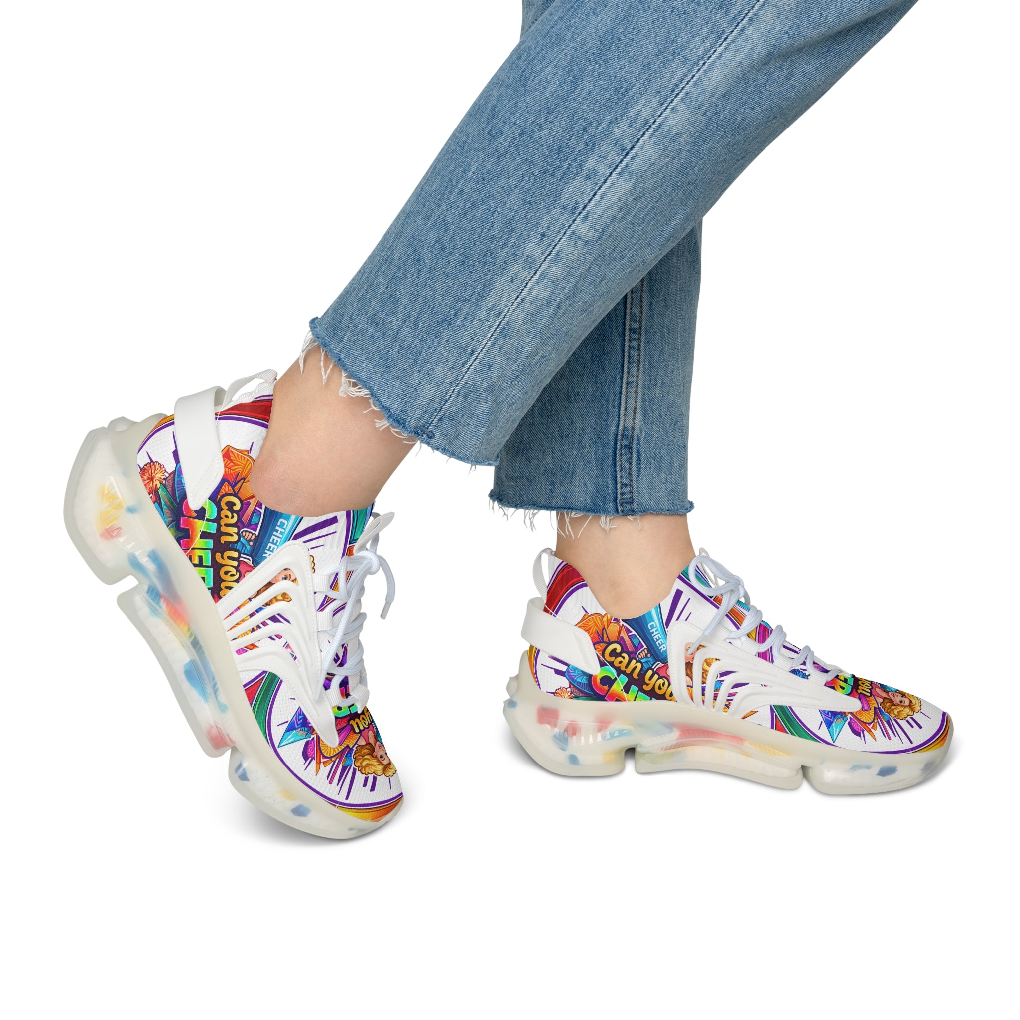 Colorful Cheerleader Mesh Sneakers — "Can You Cheer?" Graphic Women's Athletic Shoes