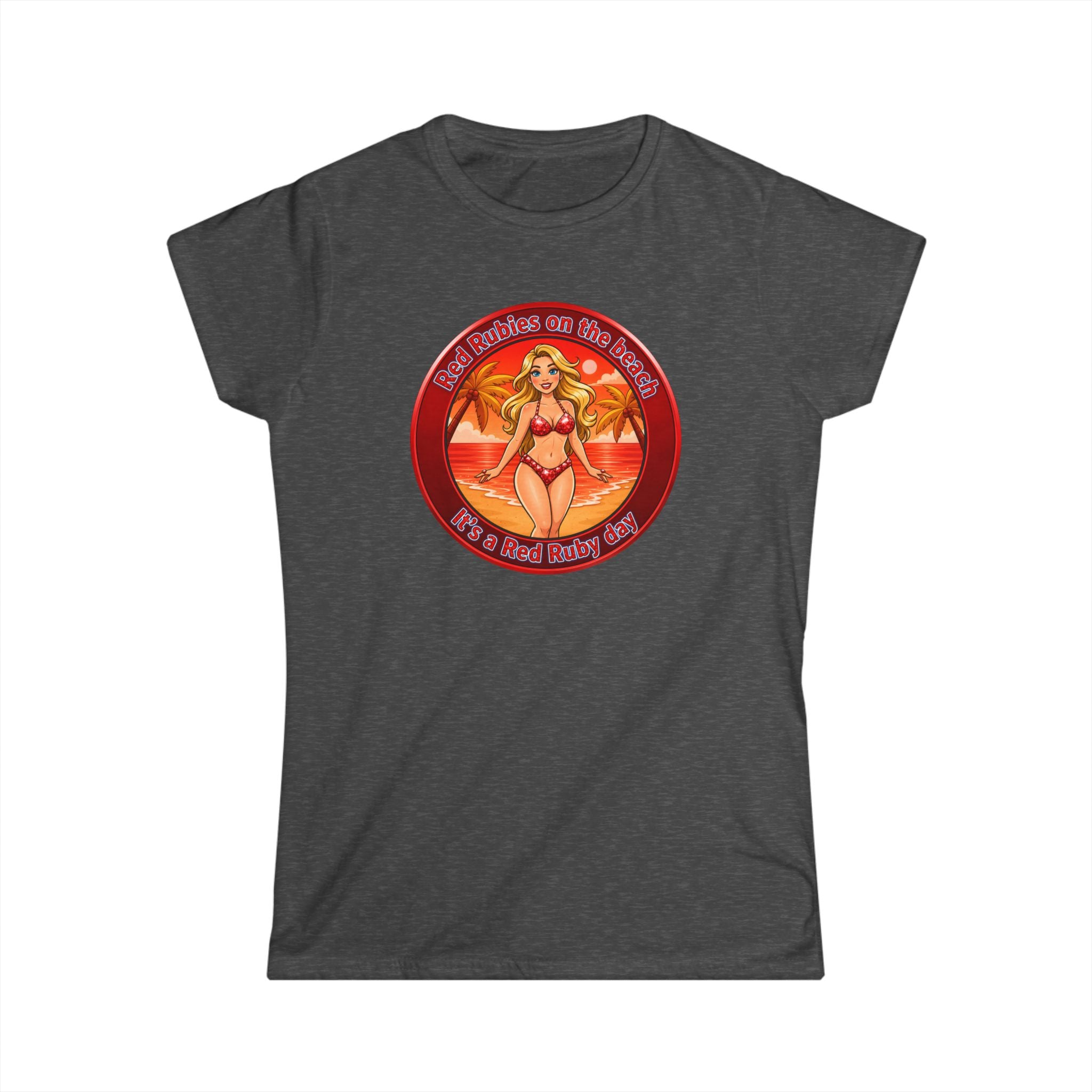 Beach Babe Graphic Tee — "Red Rubies On The Beach" Retro Bikini Design
