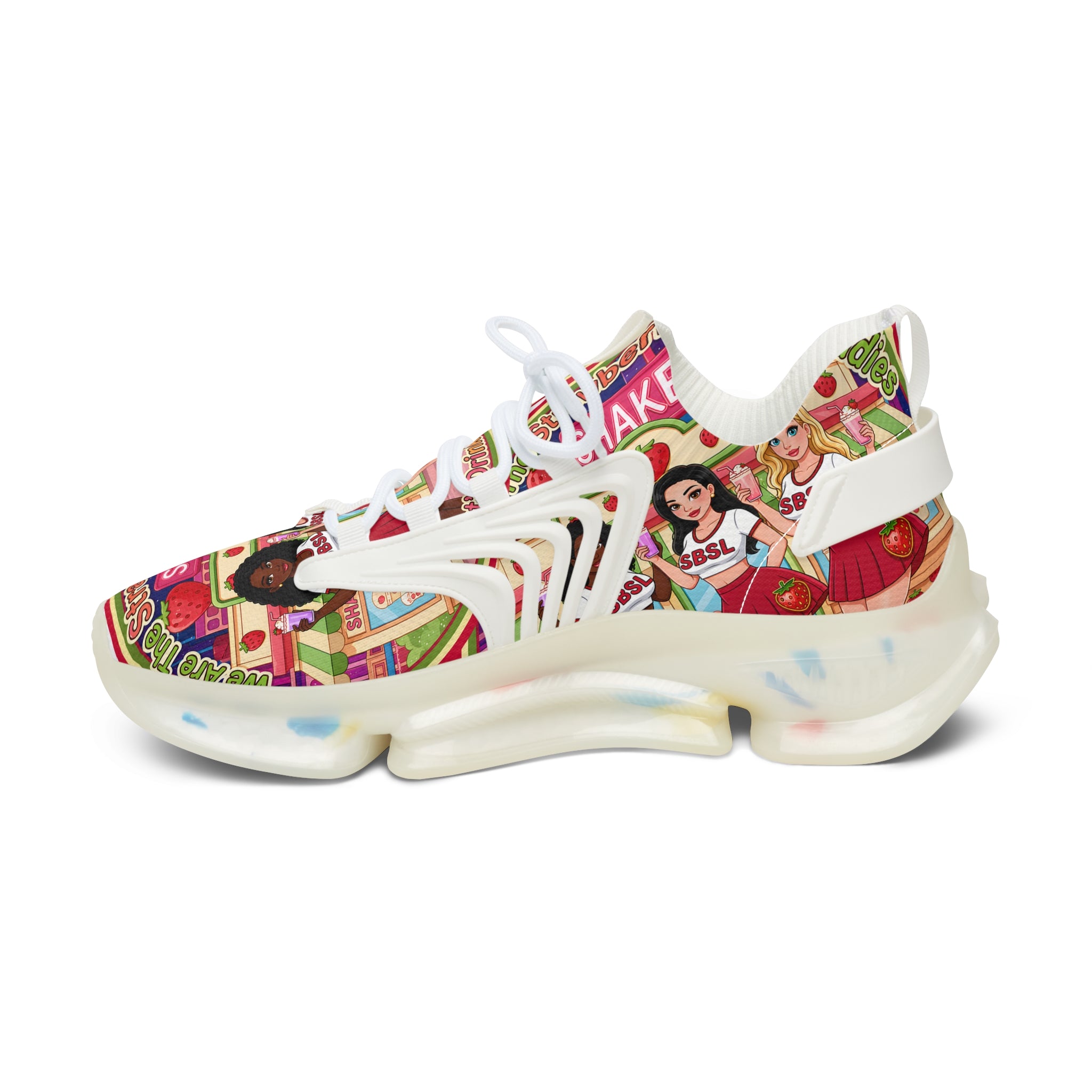 Women's Mesh Sneakers  "Strawberry Shake "— Colorful Retro Doll Print Athletic Shoes