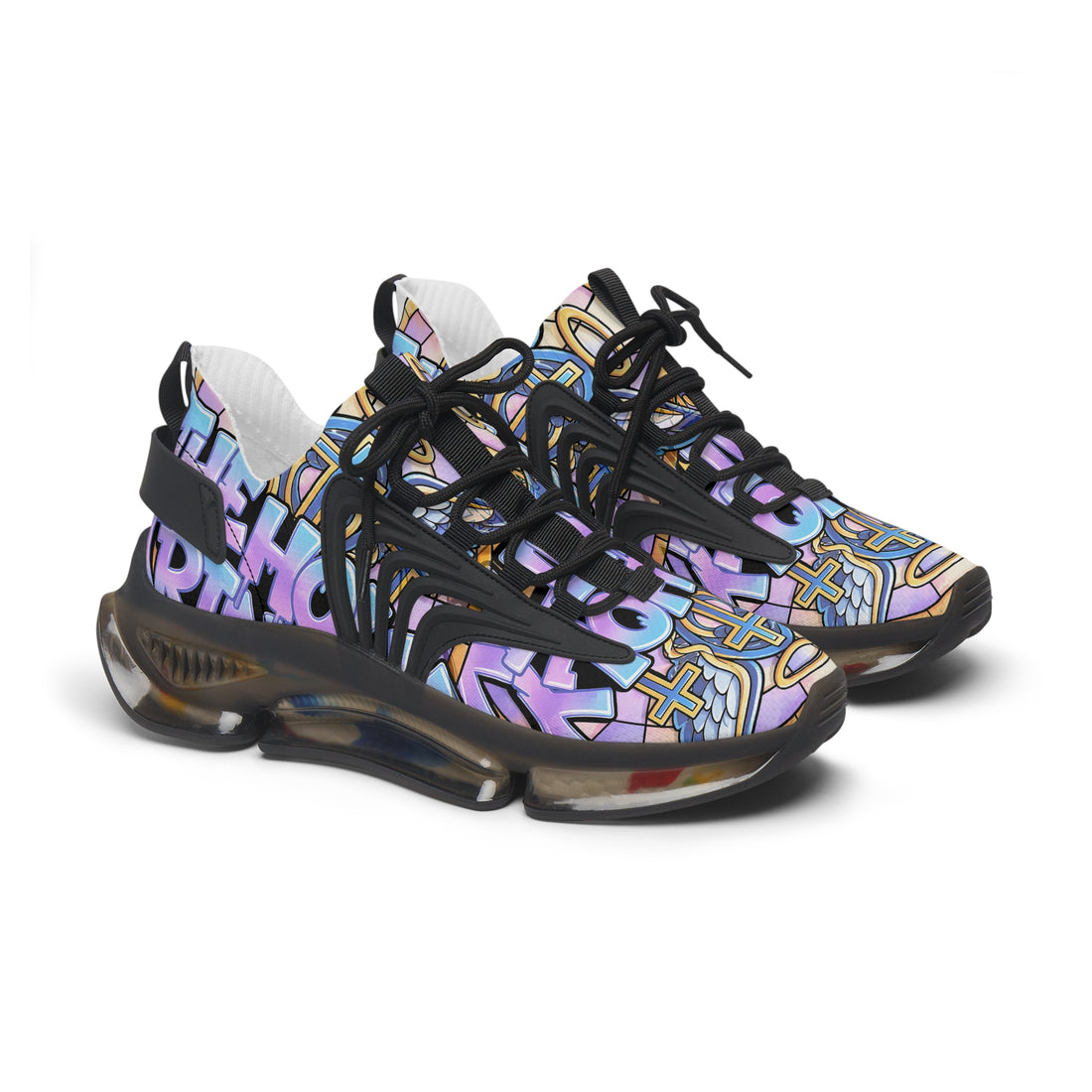 Men's Mesh Sneakers — "Holy Trinity " White Athletic Shoes with Pastel Graffiti Accent