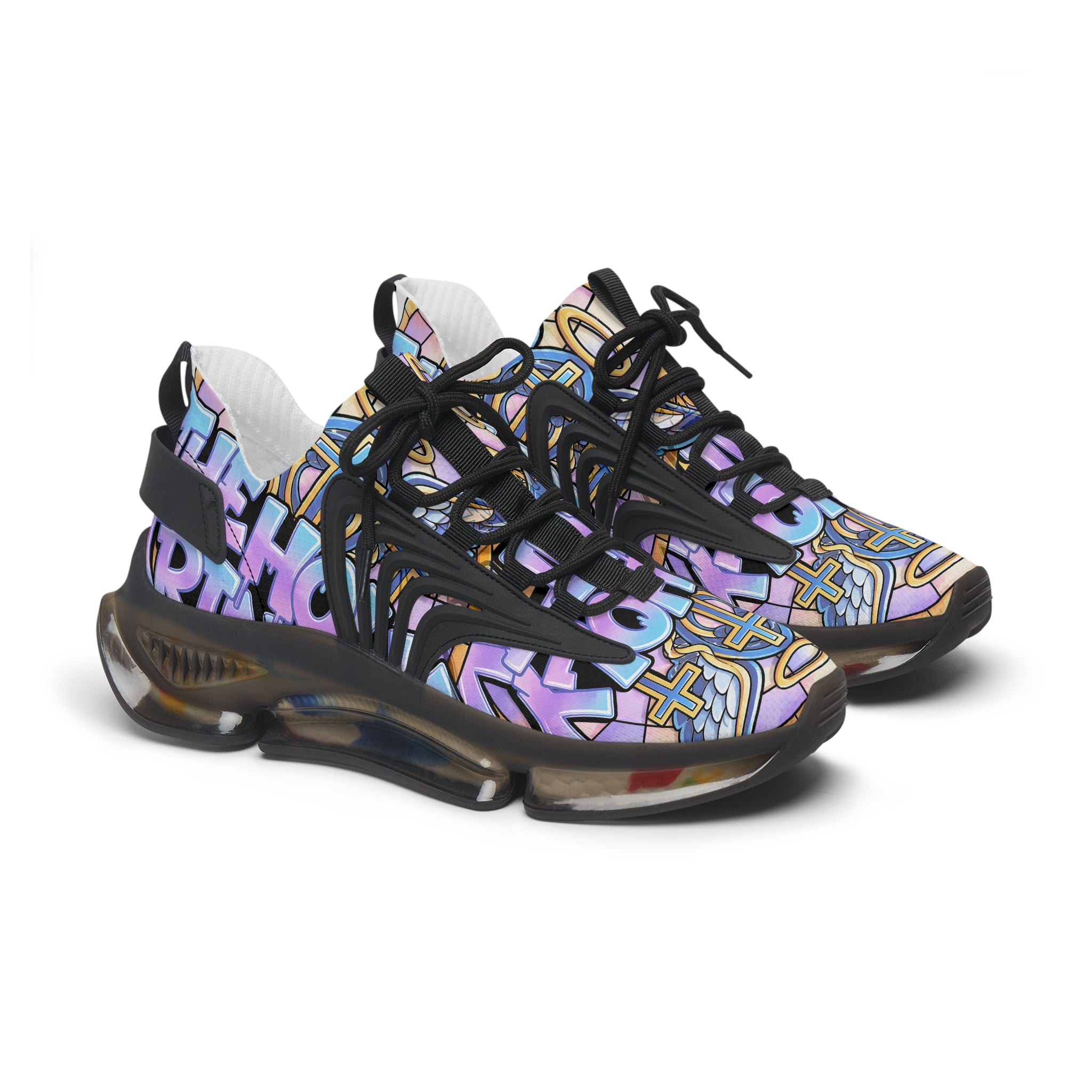 Men's Mesh Sneakers — "Holy Trinity " White Athletic Shoes with Pastel Graffiti Accent