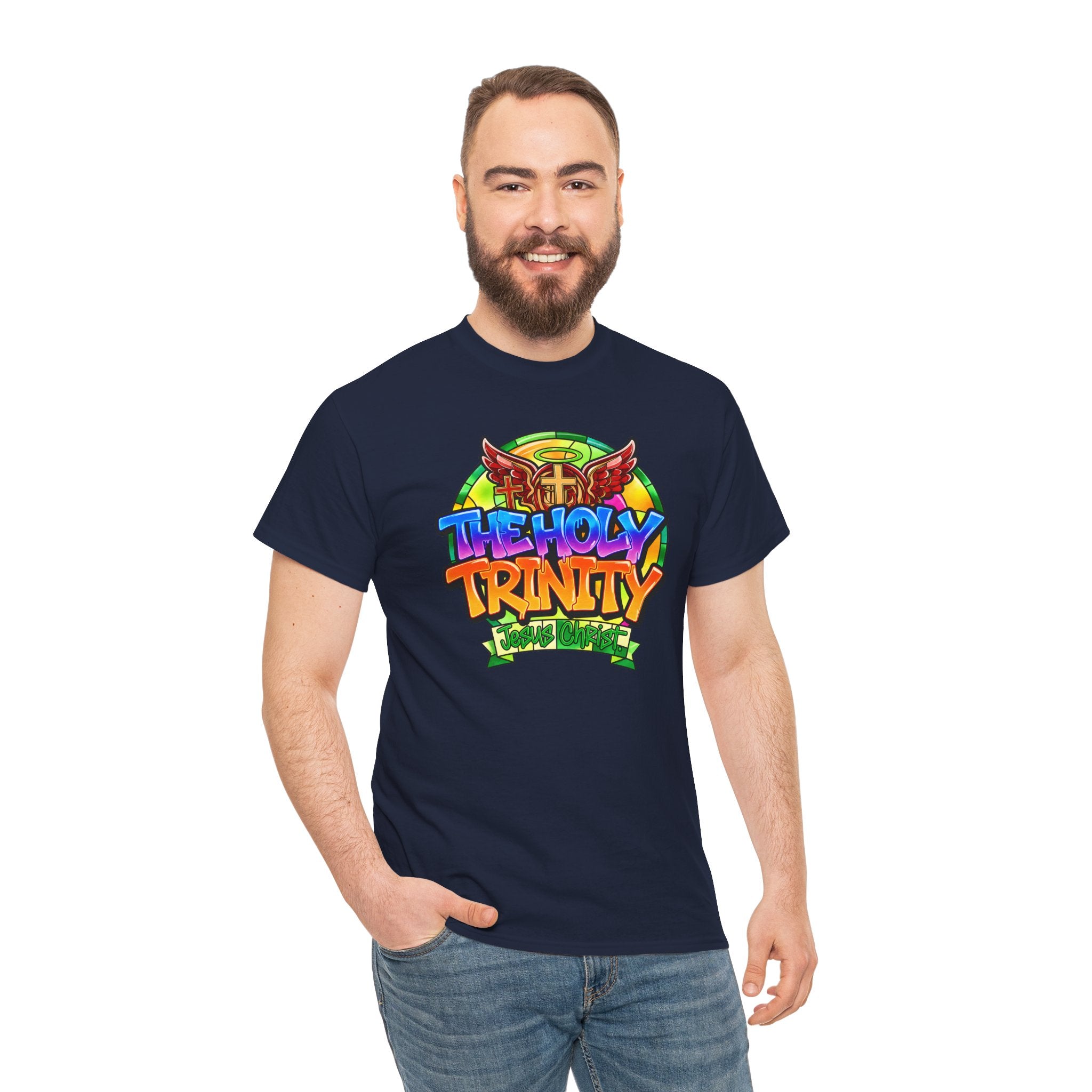 Holy Trinity Graphic Tee — Colorful Faith-Inspired Streetwear T-Shirt