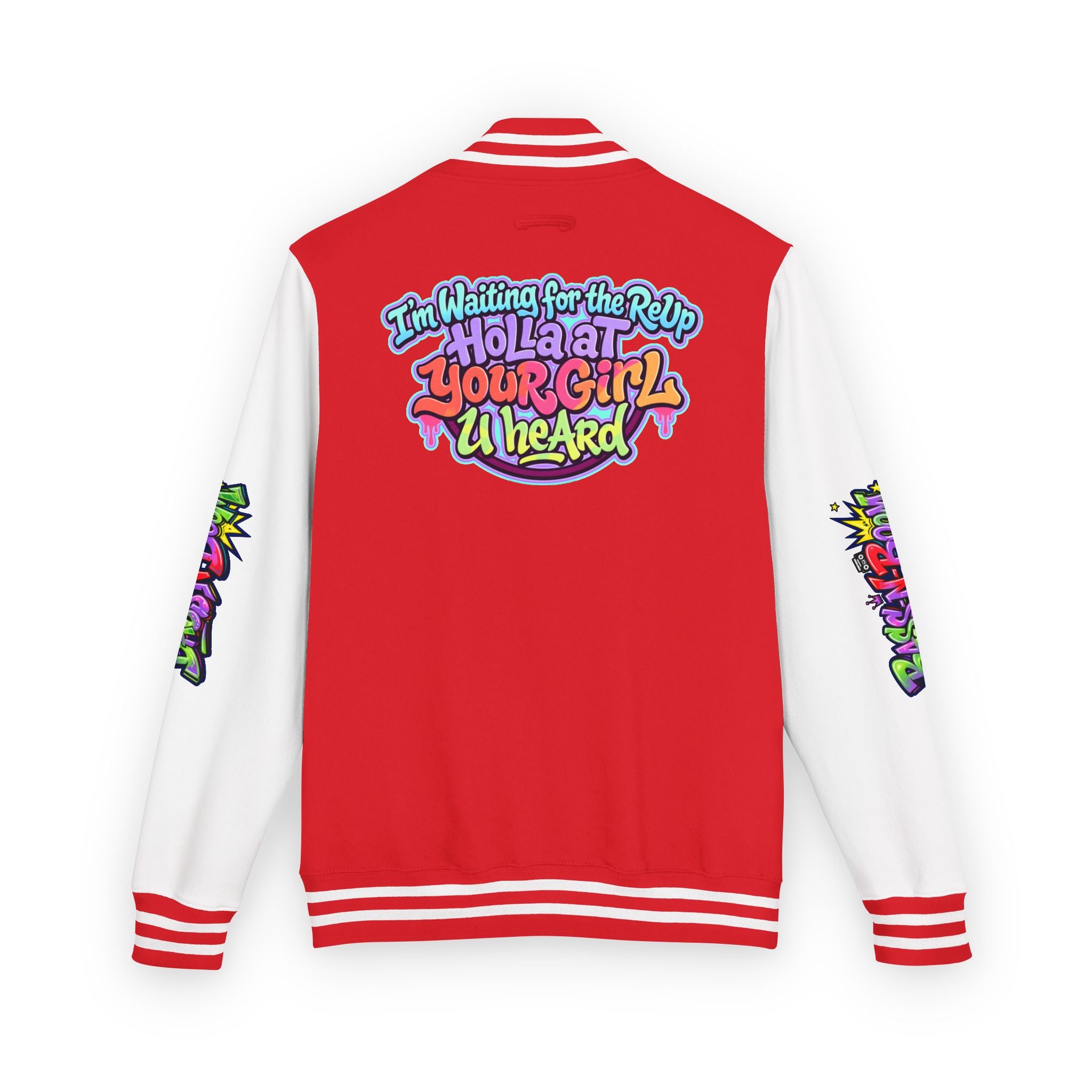 Letterman Jacket — "I'm Waiting For The Reup" Colorful Retro Hip‑Hop Varsity