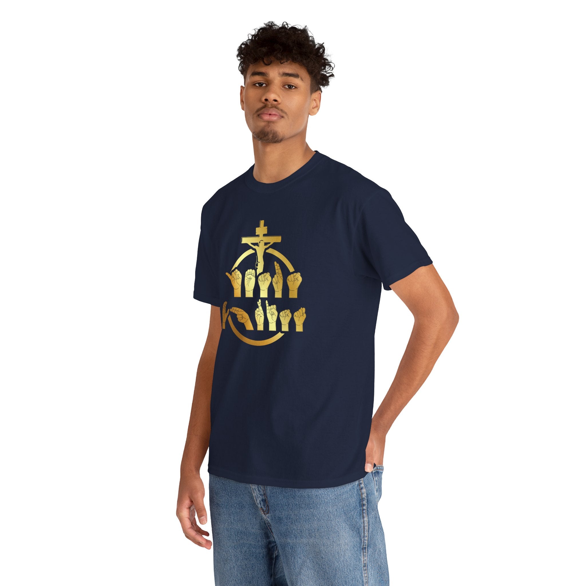 Christian Cross & Praying Hands T-Shirt — Gold Faith Design