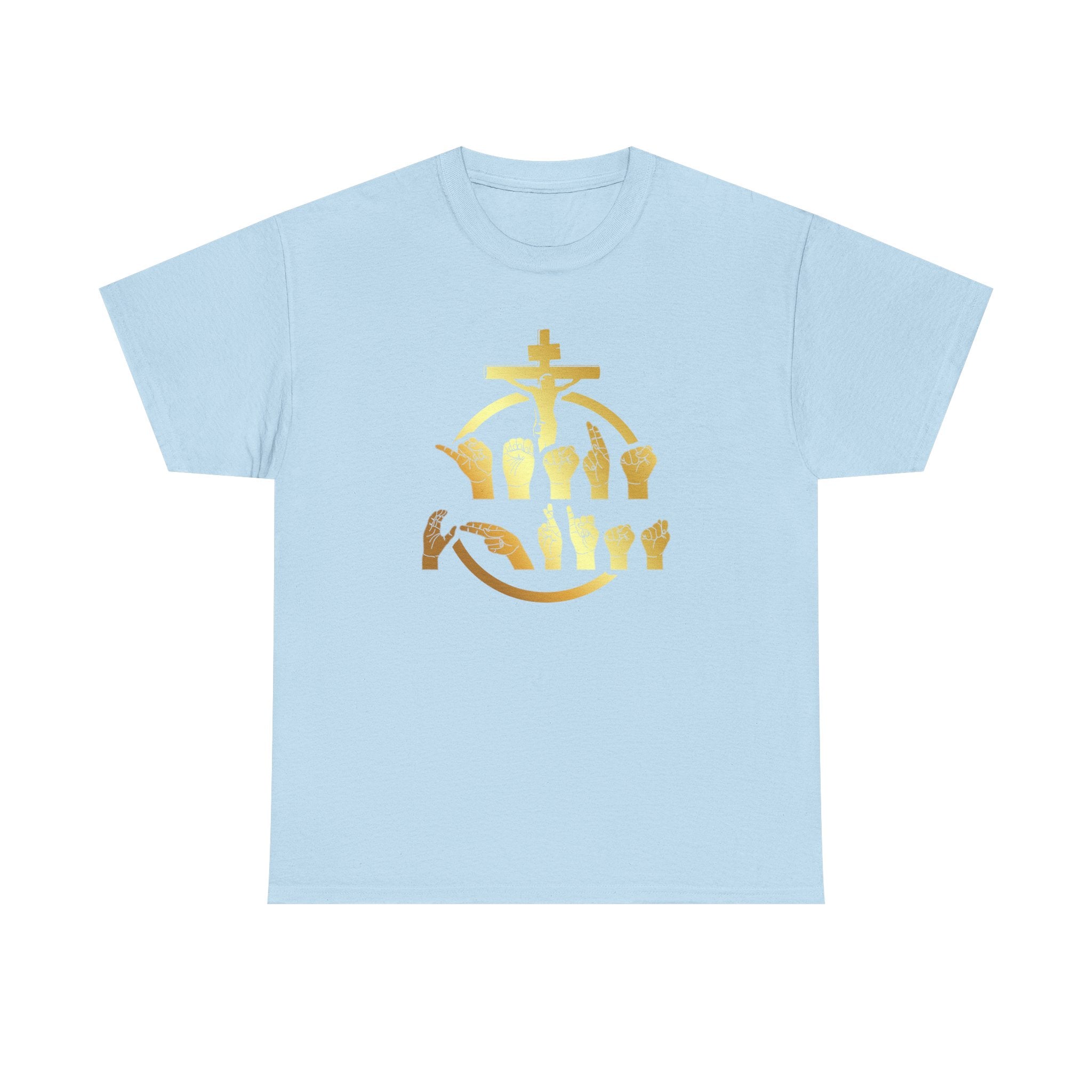 Christian Cross & Praying Hands T-Shirt — Gold Faith Design