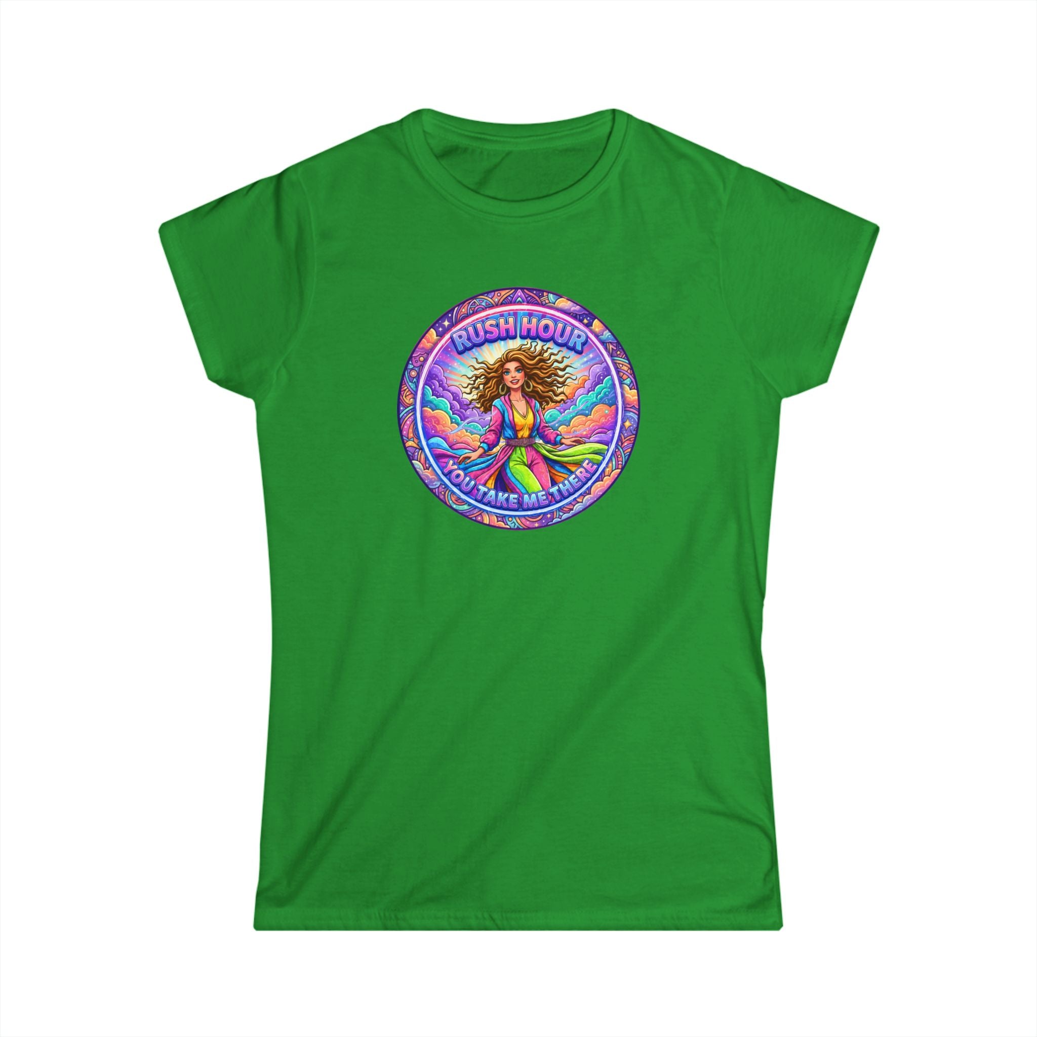 Women's Tee — “Rush Hour” Colorful Retro Hippie Graphic