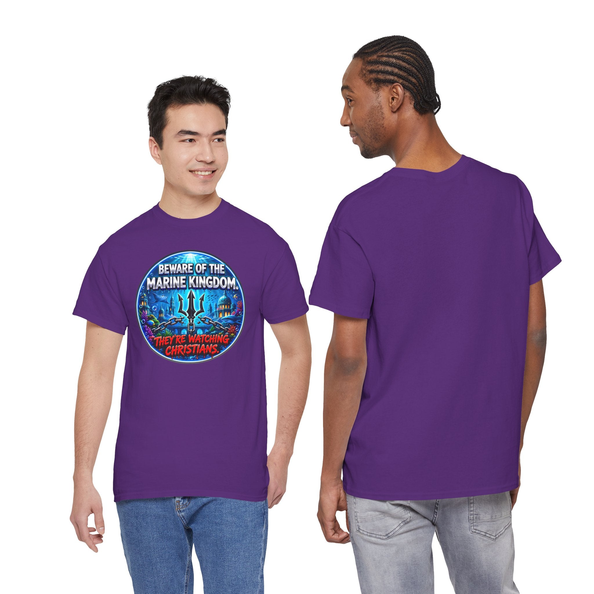 T‑Shirt — "Beware of the Marine Kingdom: They're Watching Christians" Vintage Ocean Graphic