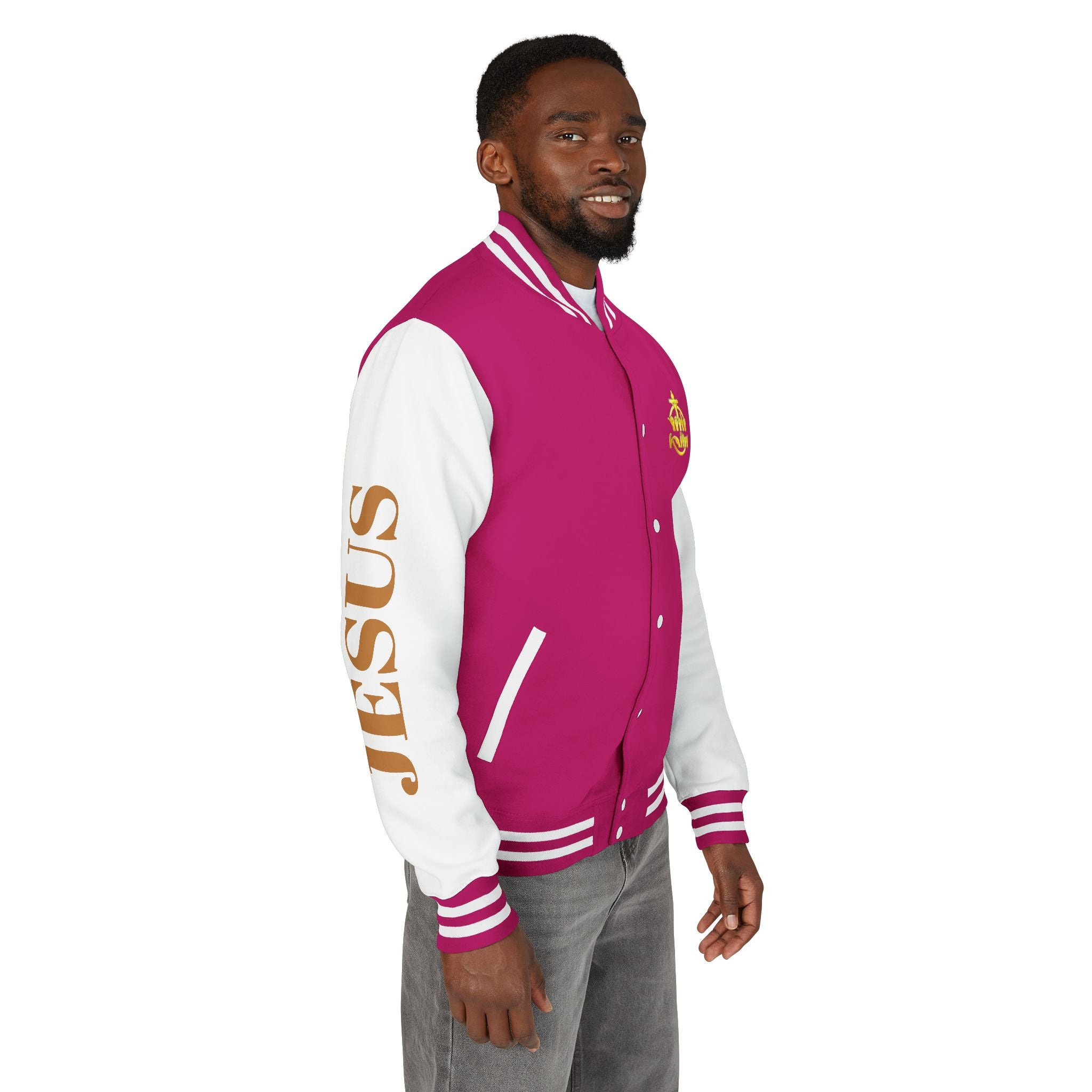 "Sign language Jesus Christ "     Christian Crown Letterman Jacket - 'Jesus Christ' Sleeve Varsity Jacket