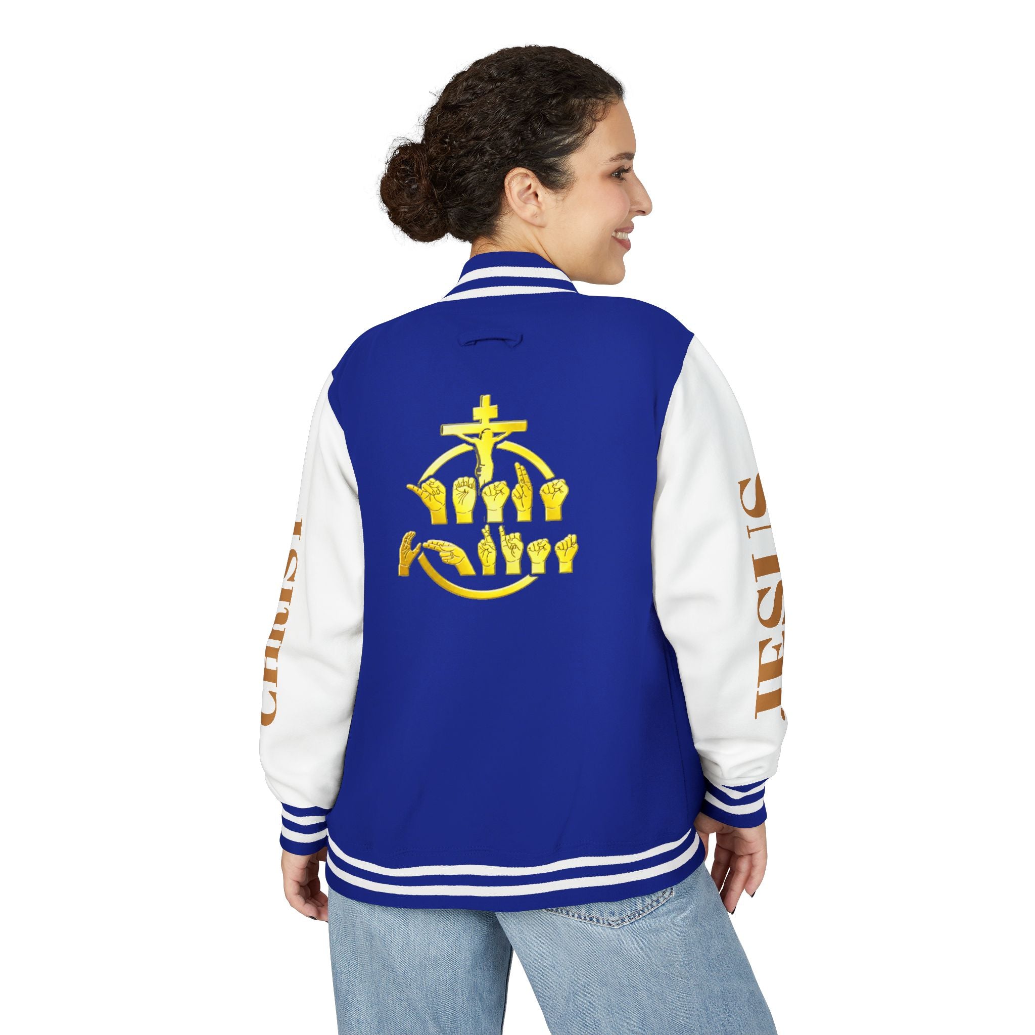 "Sign language Jesus Christ "     Christian Crown Letterman Jacket - 'Jesus Christ' Sleeve Varsity Jacket