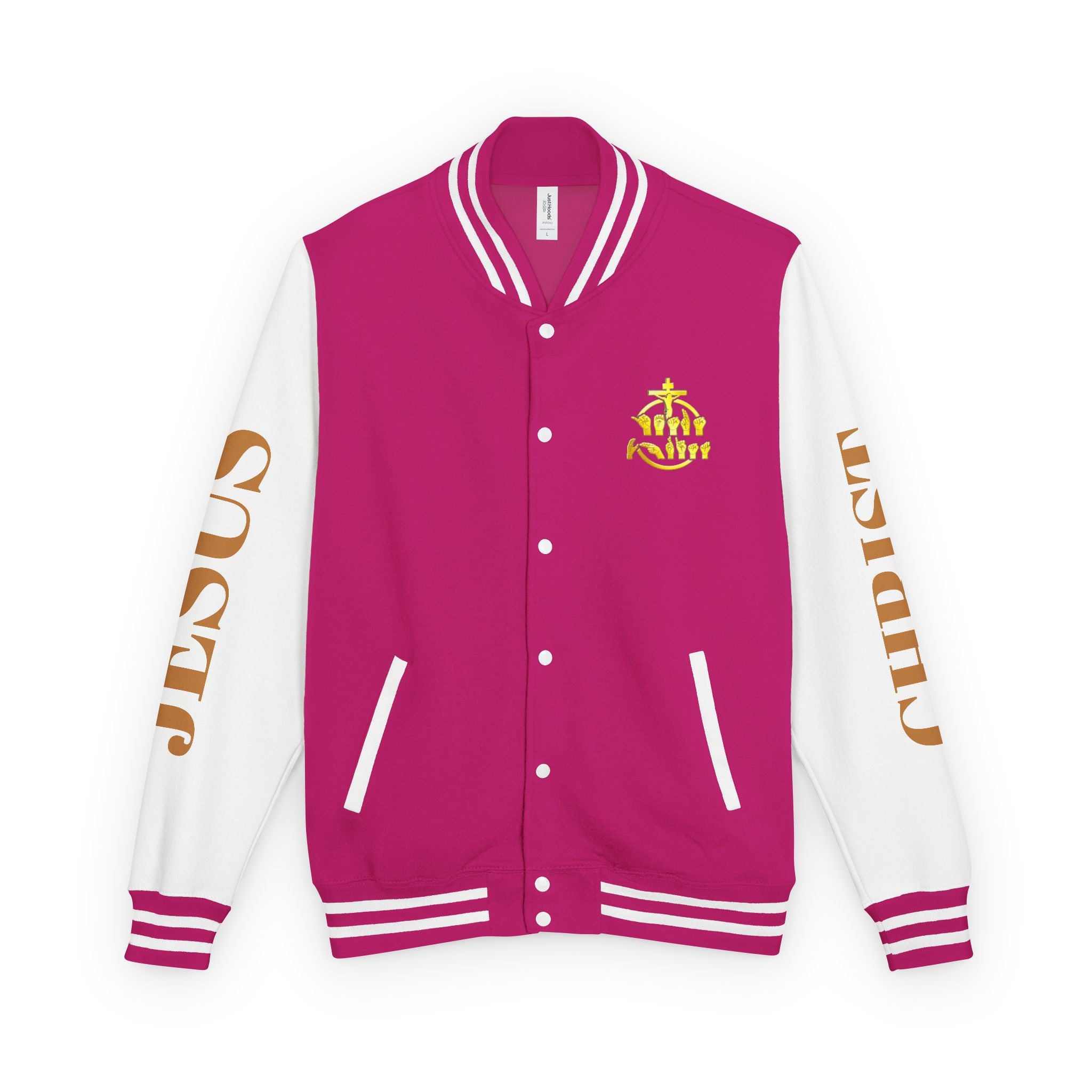 "Sign language Jesus Christ "     Christian Crown Letterman Jacket - 'Jesus Christ' Sleeve Varsity Jacket