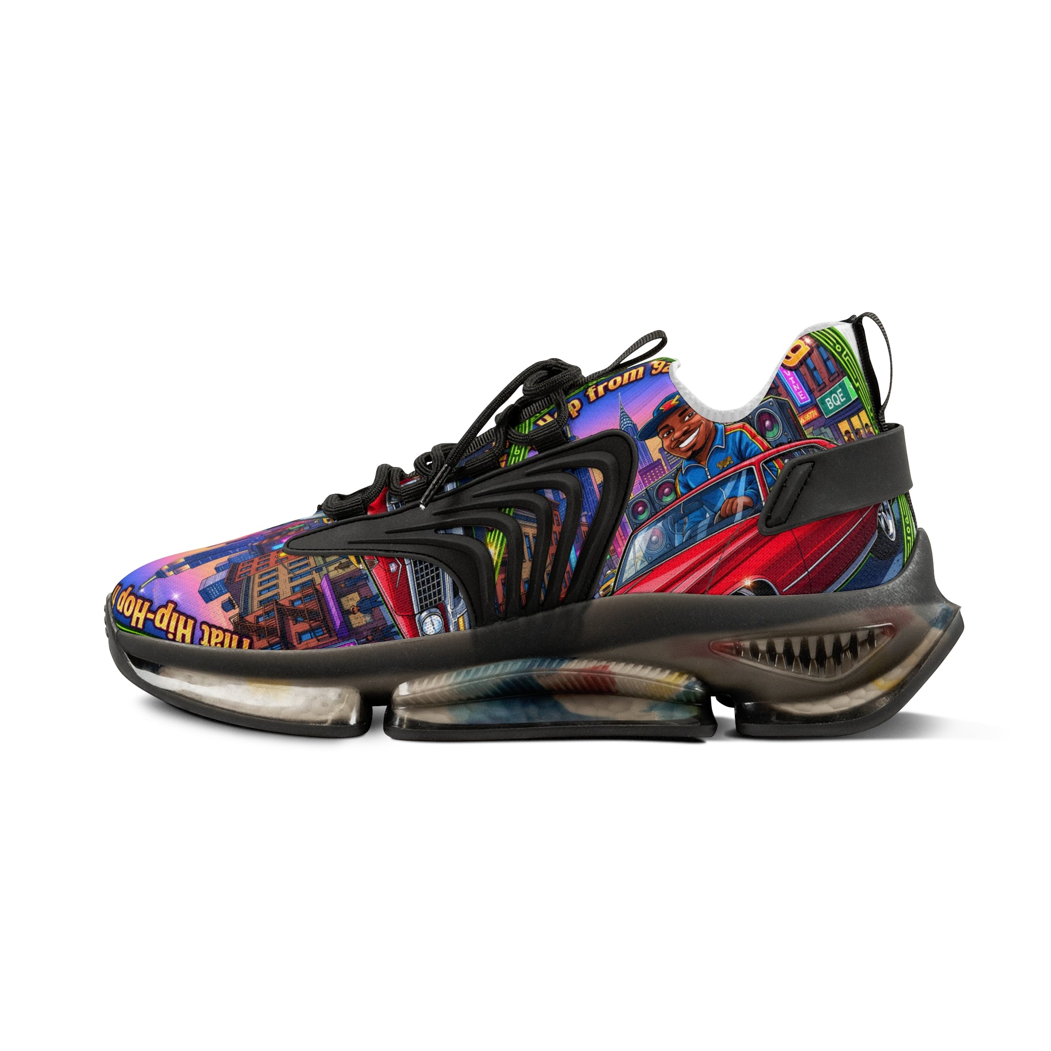 Custom Graphic Mesh Sneakers — "That Hip-hop From 92 Be Bumping" Colorful Cityscape Portrait Design