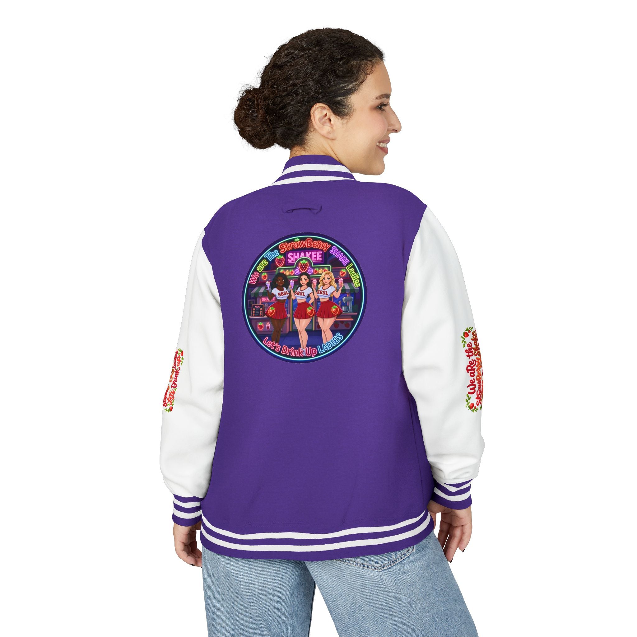 Letterman Jacket —" We Are The Strawberry Shake Ladies " Retro Shakee Cheer Graphic