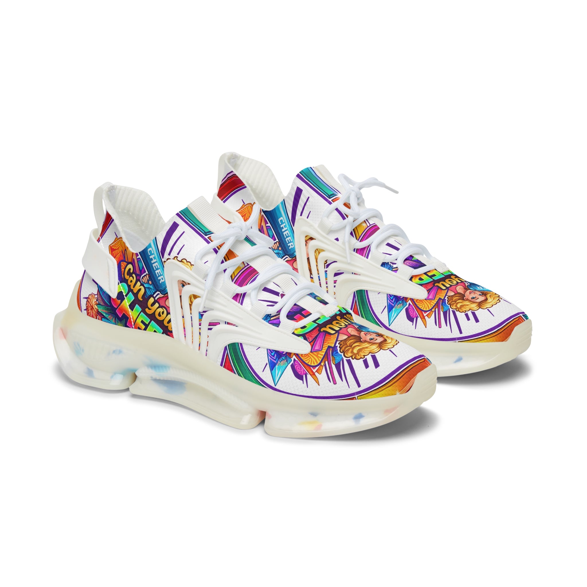 Colorful Cheerleader Mesh Sneakers — "Can You Cheer?" Graphic Women's Athletic Shoes
