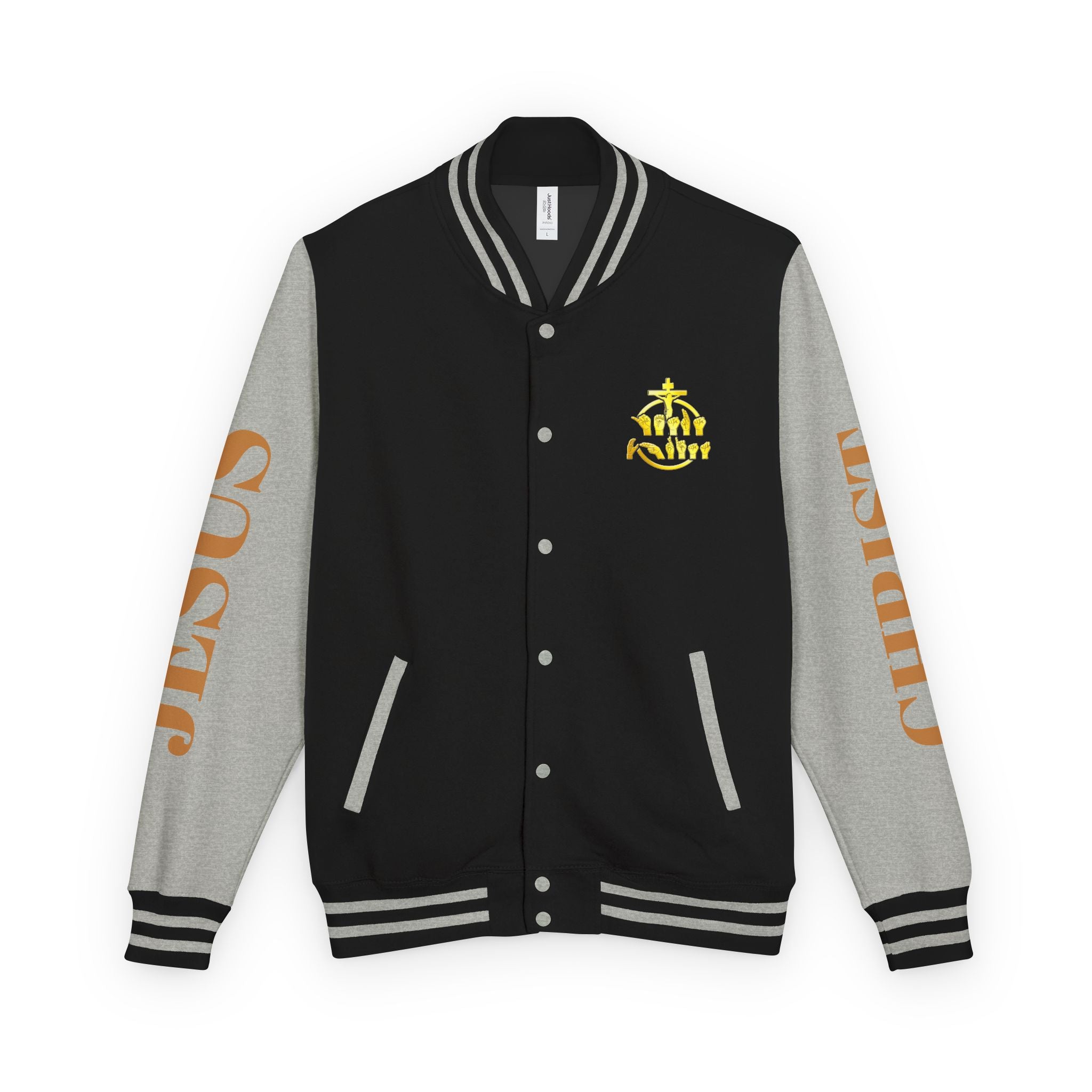 "Sign language Jesus Christ "     Christian Crown Letterman Jacket - 'Jesus Christ' Sleeve Varsity Jacket