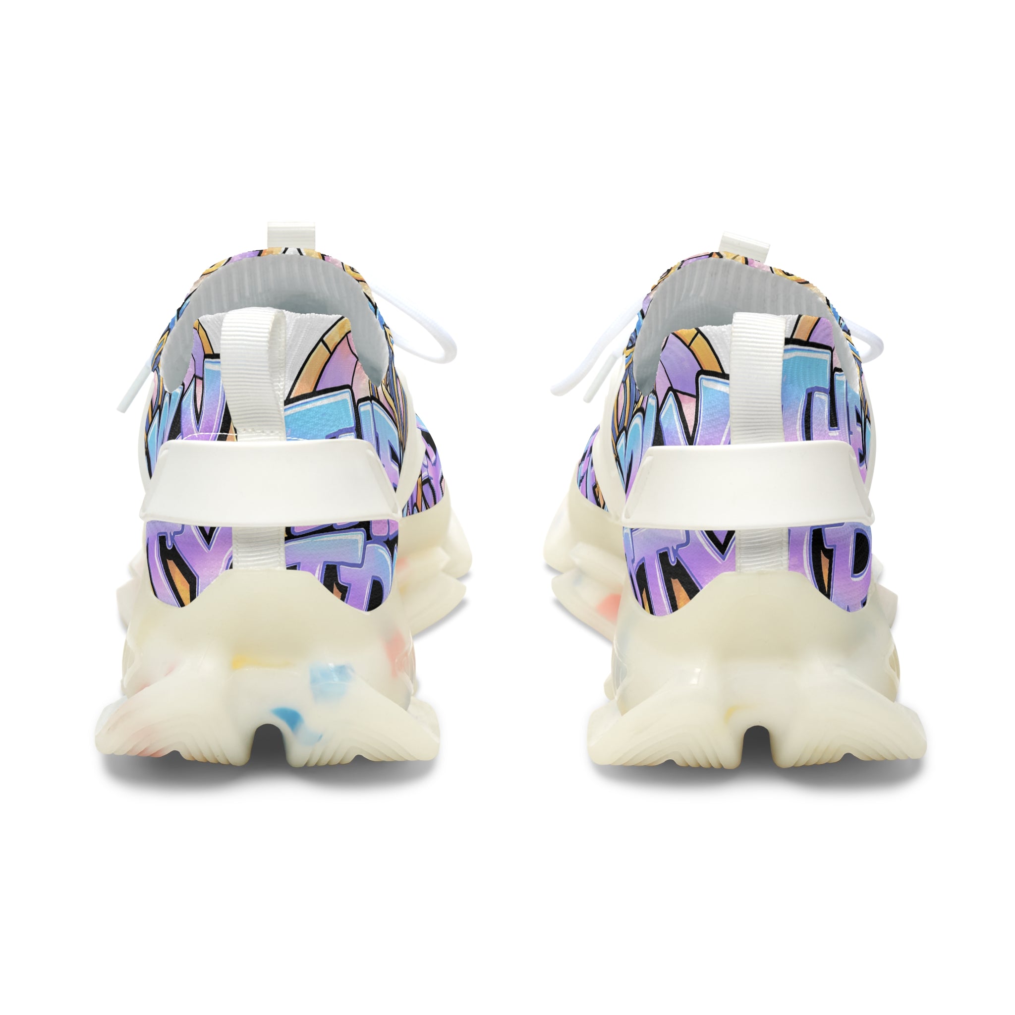 Men's Mesh Sneakers — "Holy Trinity " White Athletic Shoes with Pastel Graffiti Accent