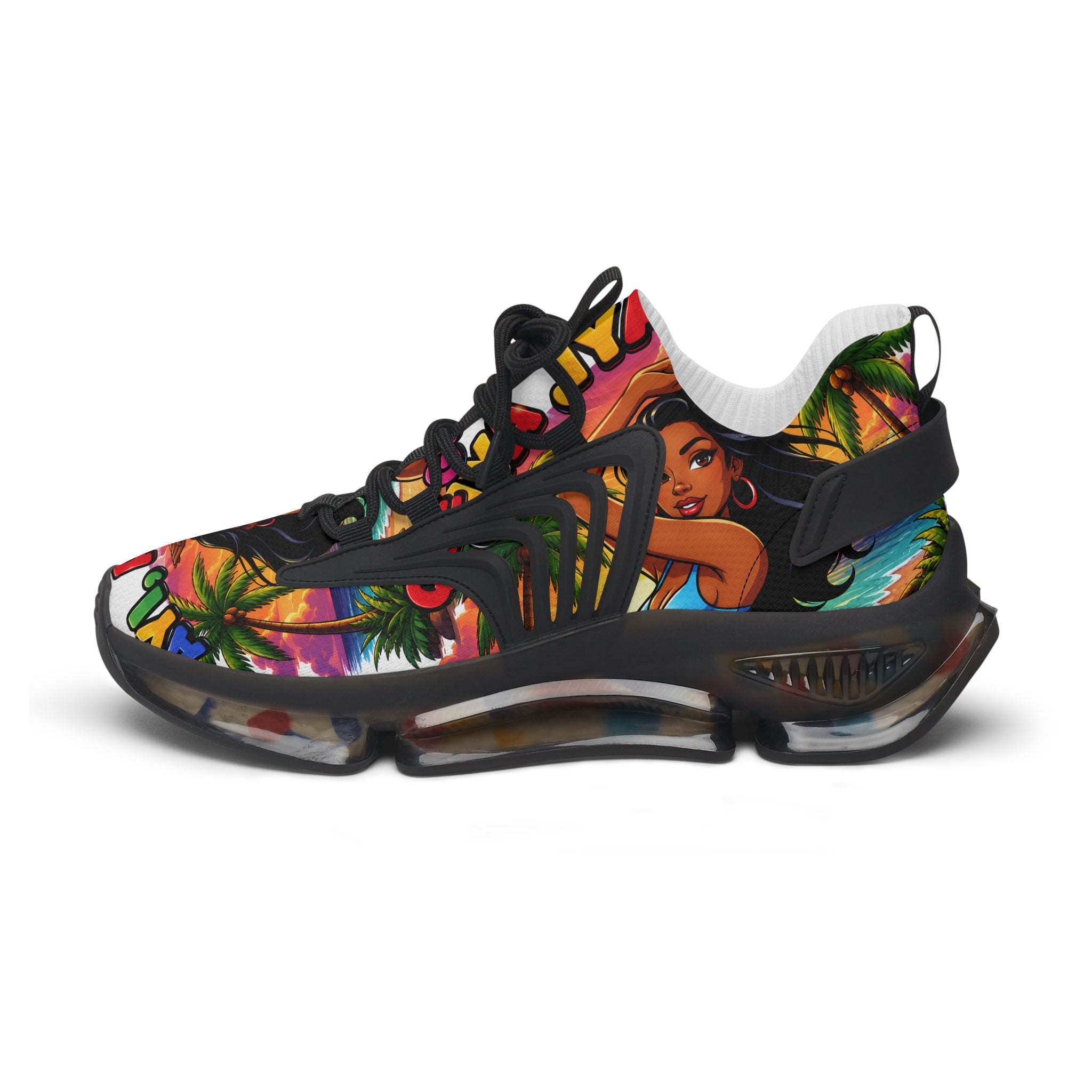 Tropical Vibe Women's Mesh Sneakers — "Ayi  Ayi Ayi Que Guapa Soy "Colorful Hawaiian Pin-Up Design