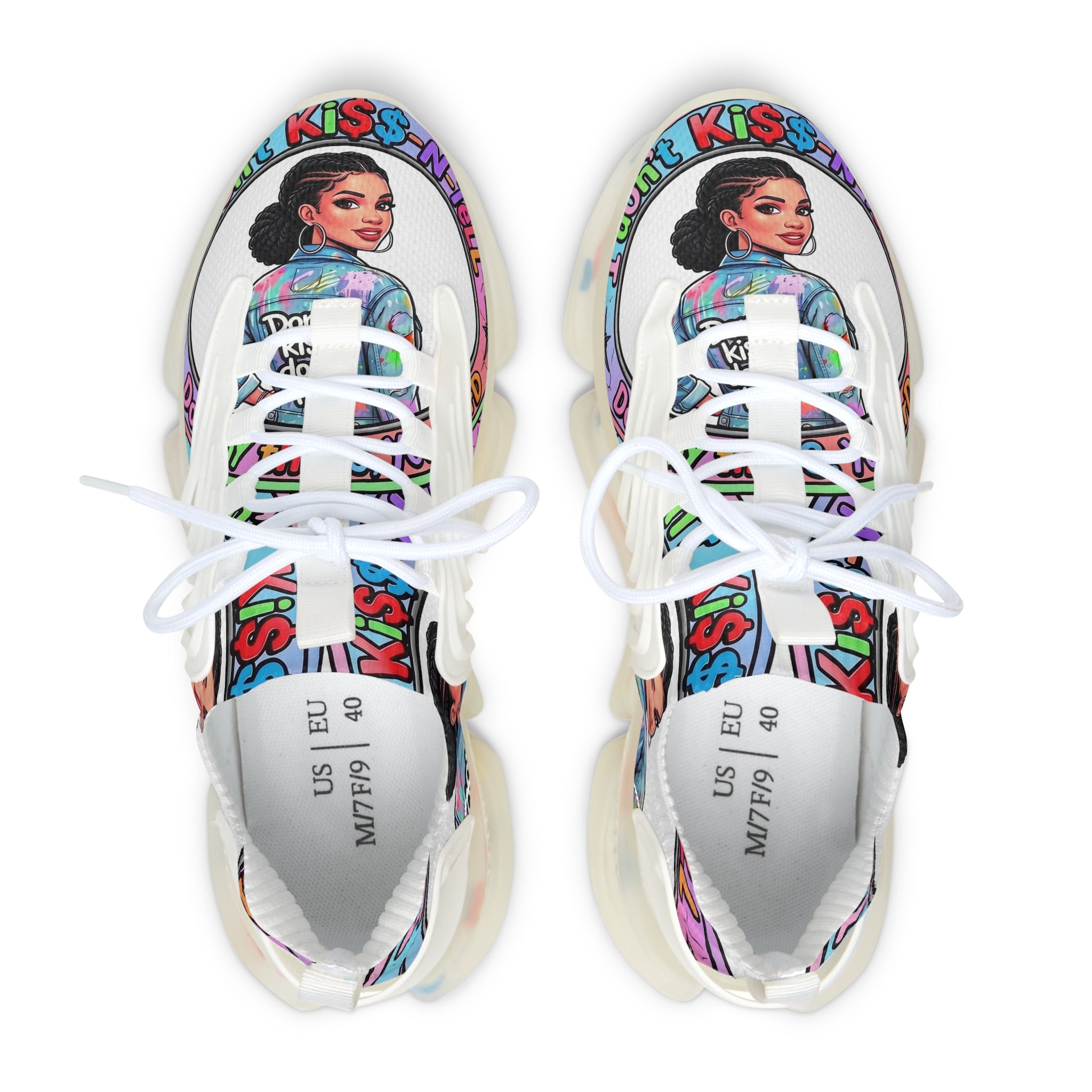 Women’s Mesh Sneakers — " I Don't kiss-N Tell"Colorful Retro Pop Art Design