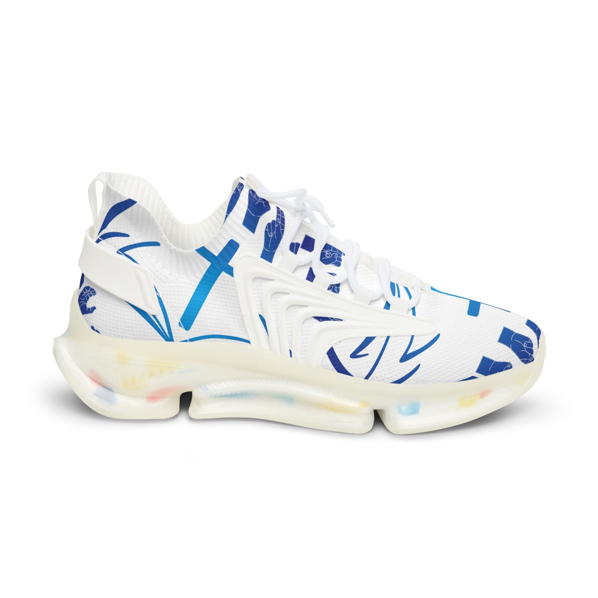 Men's White Athletic Sneakers with Blue Cross Graphic —"Sign Language Jesus Christ "Lightweight Mesh Running Shoes