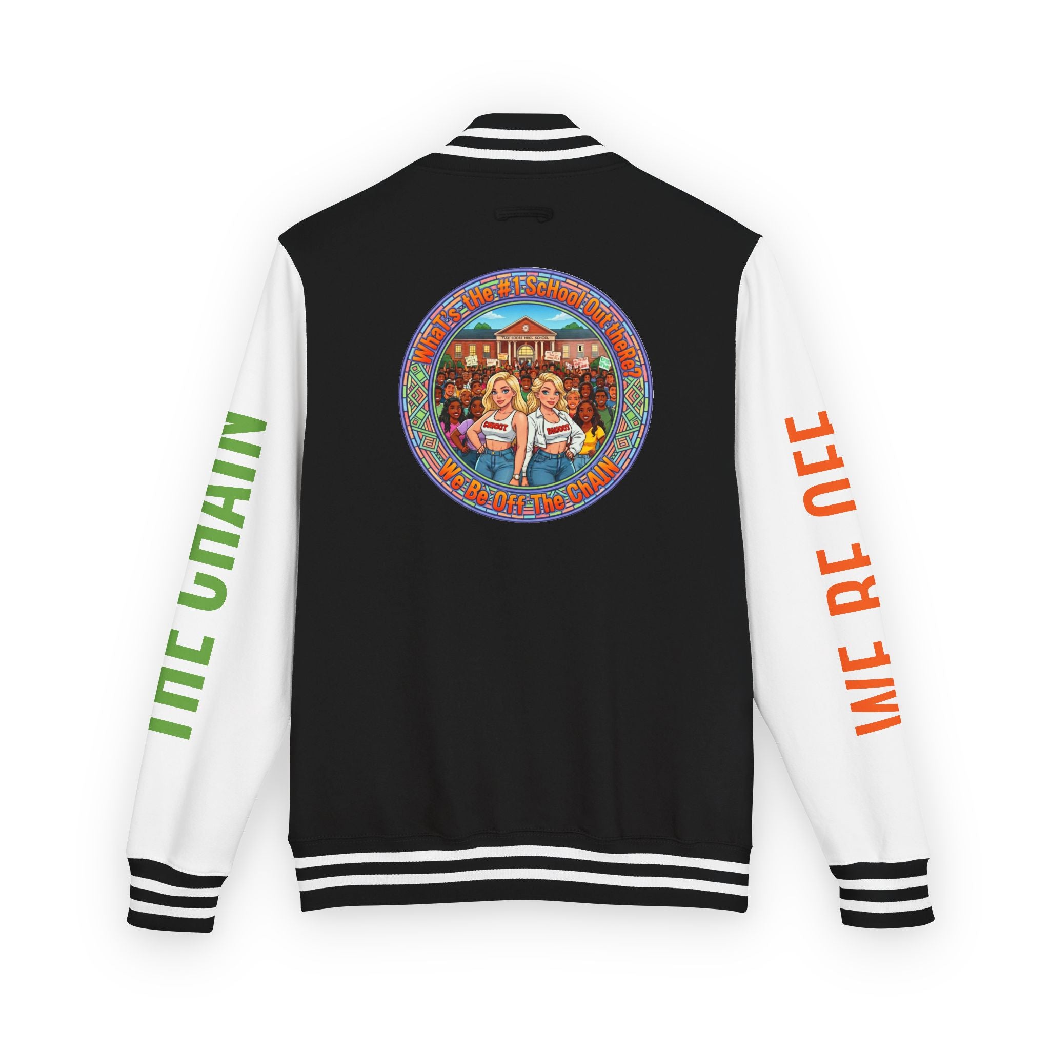 Retro Colorblock Letterman Jacket — 'We Be Off The Chain' Sleeve Print