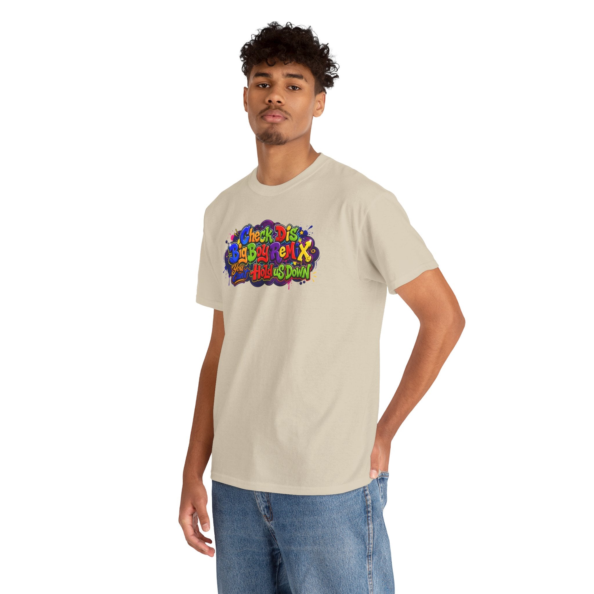 Graphic Tee — Colorful 'Check Dis Big Boy Remix' Retro Street Art T-Shirt