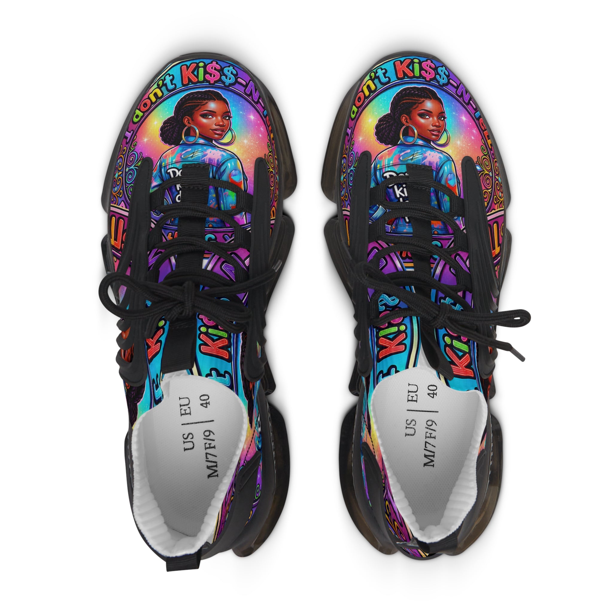 Women's Mesh Sneakers — Colorful Afrocentric Portrait Running Shoes with 'Don't Kiss' Graphic