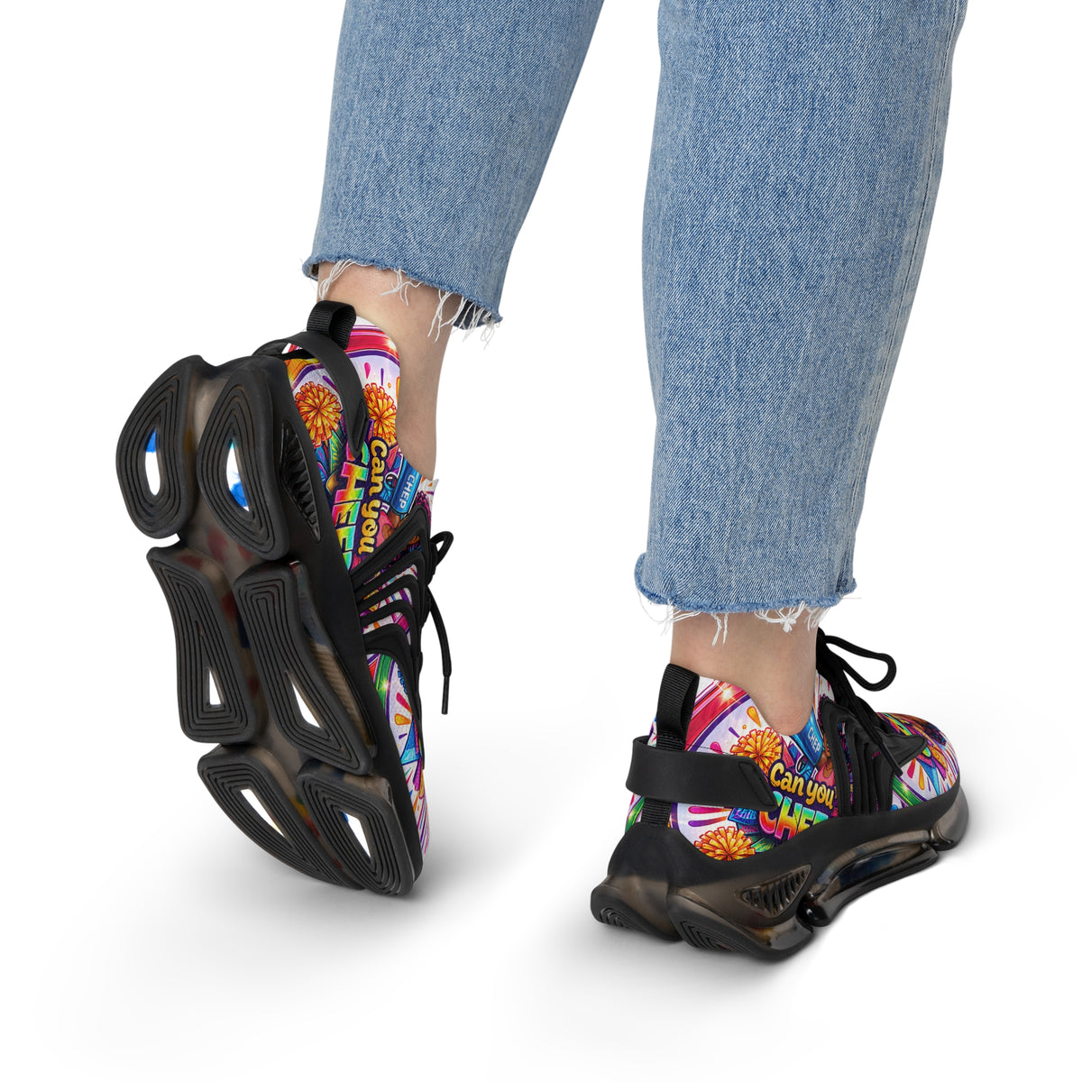 Women's Cheerleader Graphic Mesh Sneakers — "Can You Cheer?" Colorful Athletic Shoes