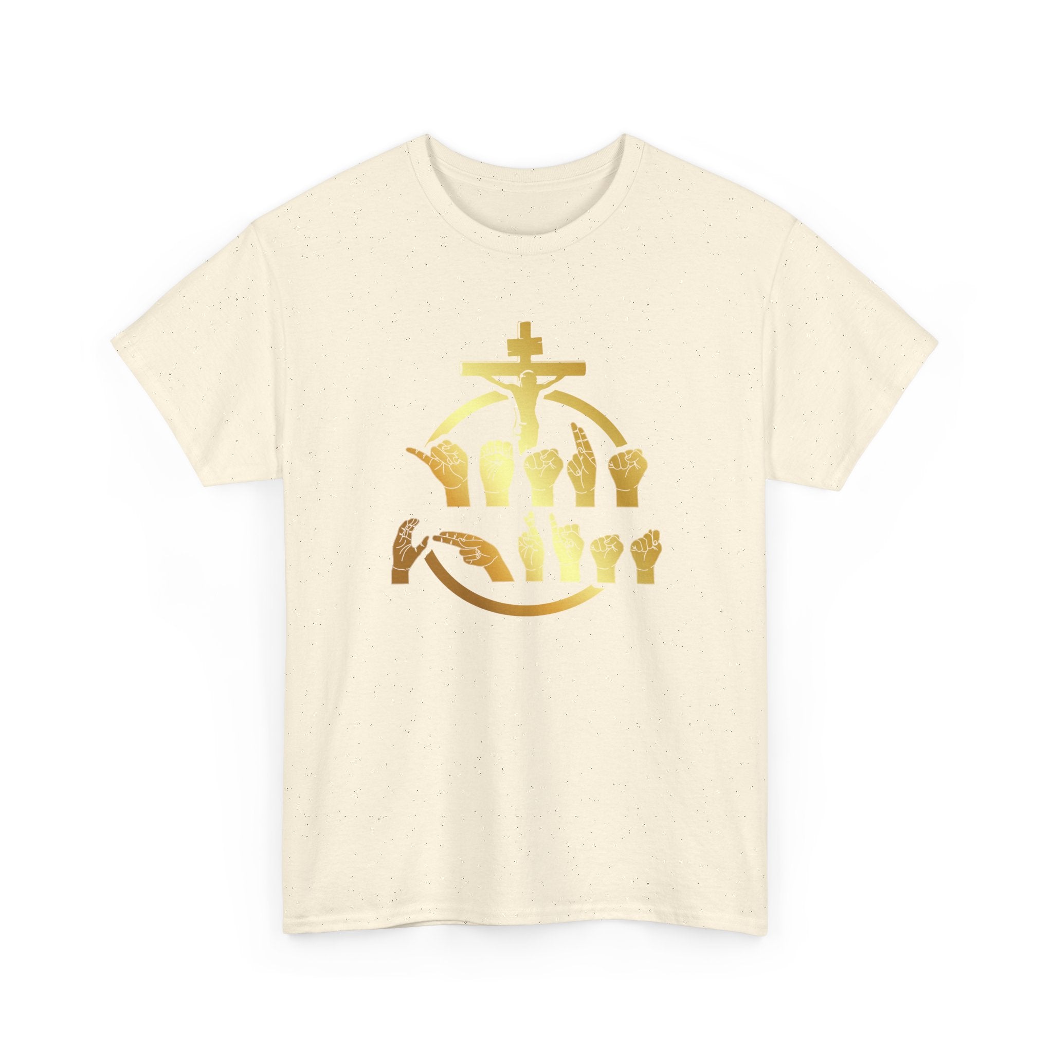 Christian Cross & Praying Hands T-Shirt — Gold Faith Design