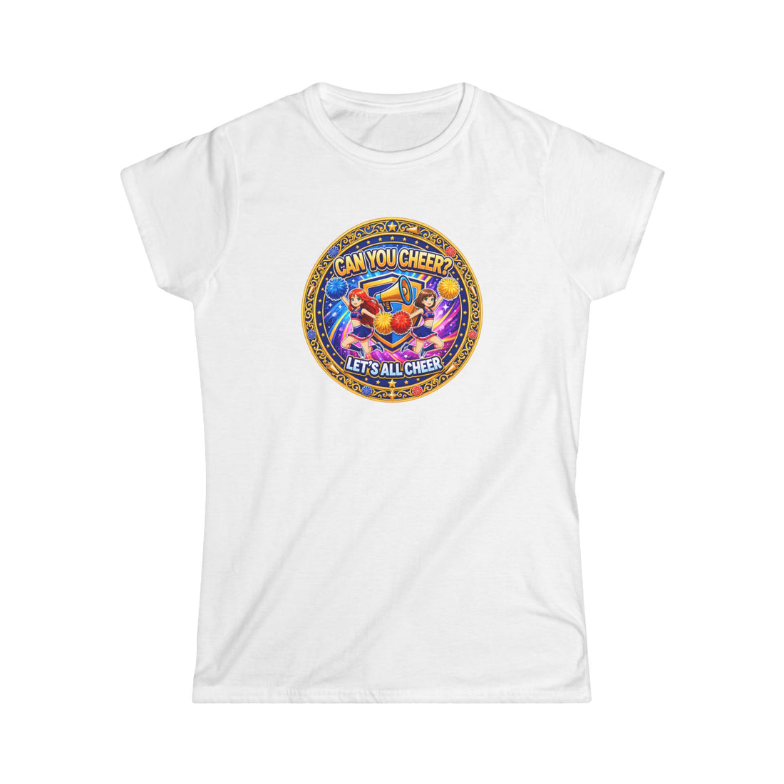 "Can You Cheer? Let's All Cheer" Women’s Graphic Tee — Colorful Cheerleading Spirit Shirt