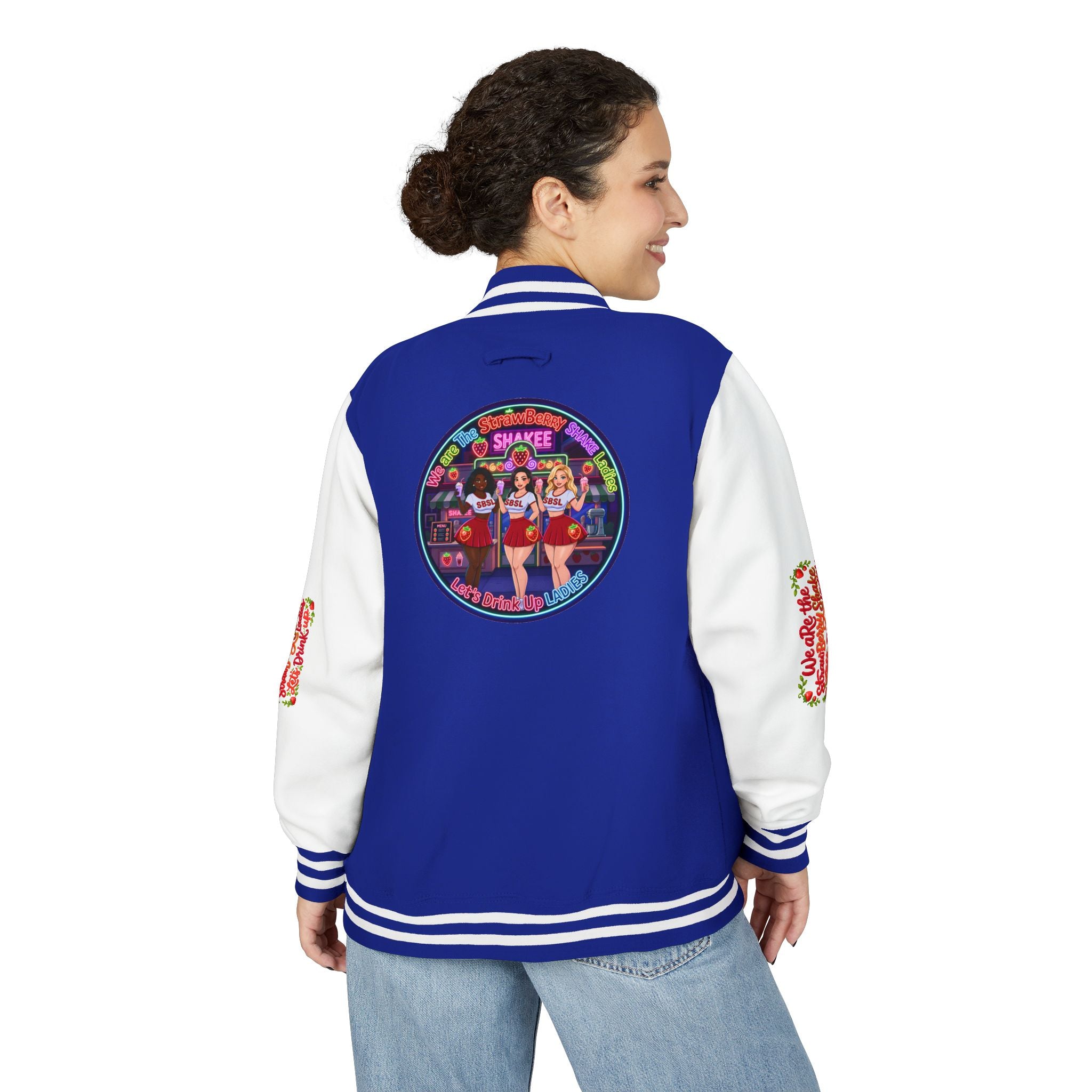 Letterman Jacket —" We Are The Strawberry Shake Ladies " Retro Shakee Cheer Graphic