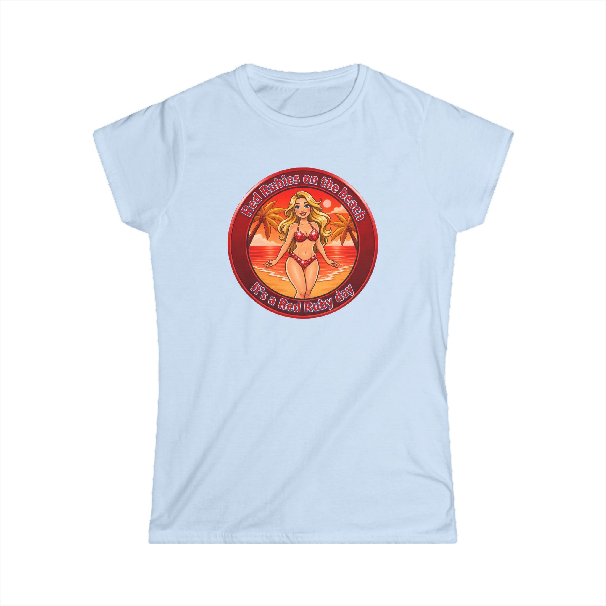 Beach Babe Graphic Tee — "Red Rubies On The Beach" Retro Bikini Design