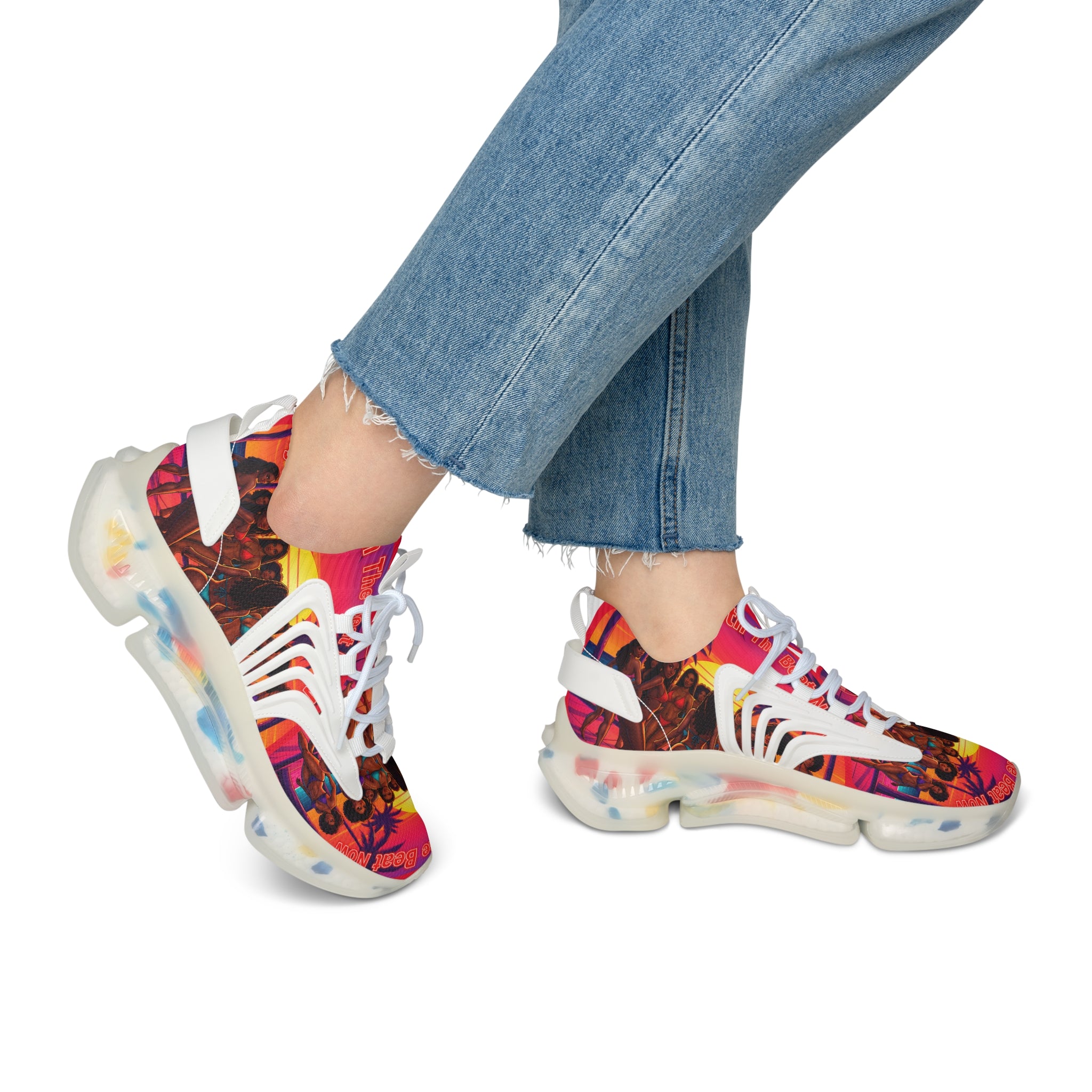 Women's Mesh Sneakers — Vibrant Sunset Beach Print Athletic Shoes