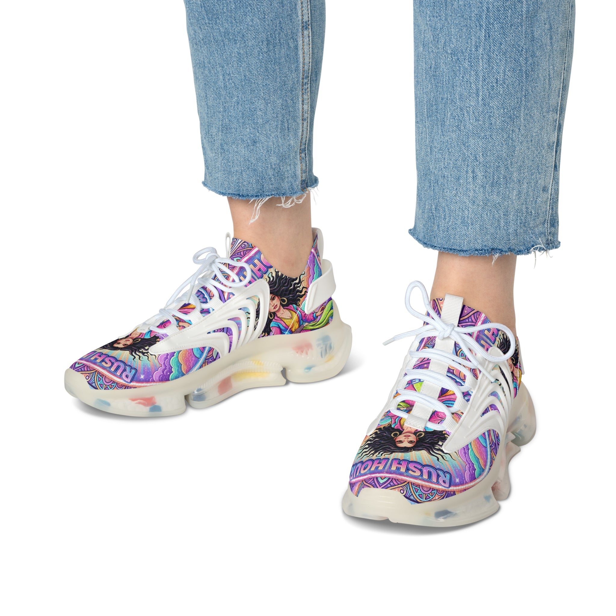 Mesh Sneakers — "Rush Hour "Vibrant Boho Goddess Graphic Women’s Athletic Shoes