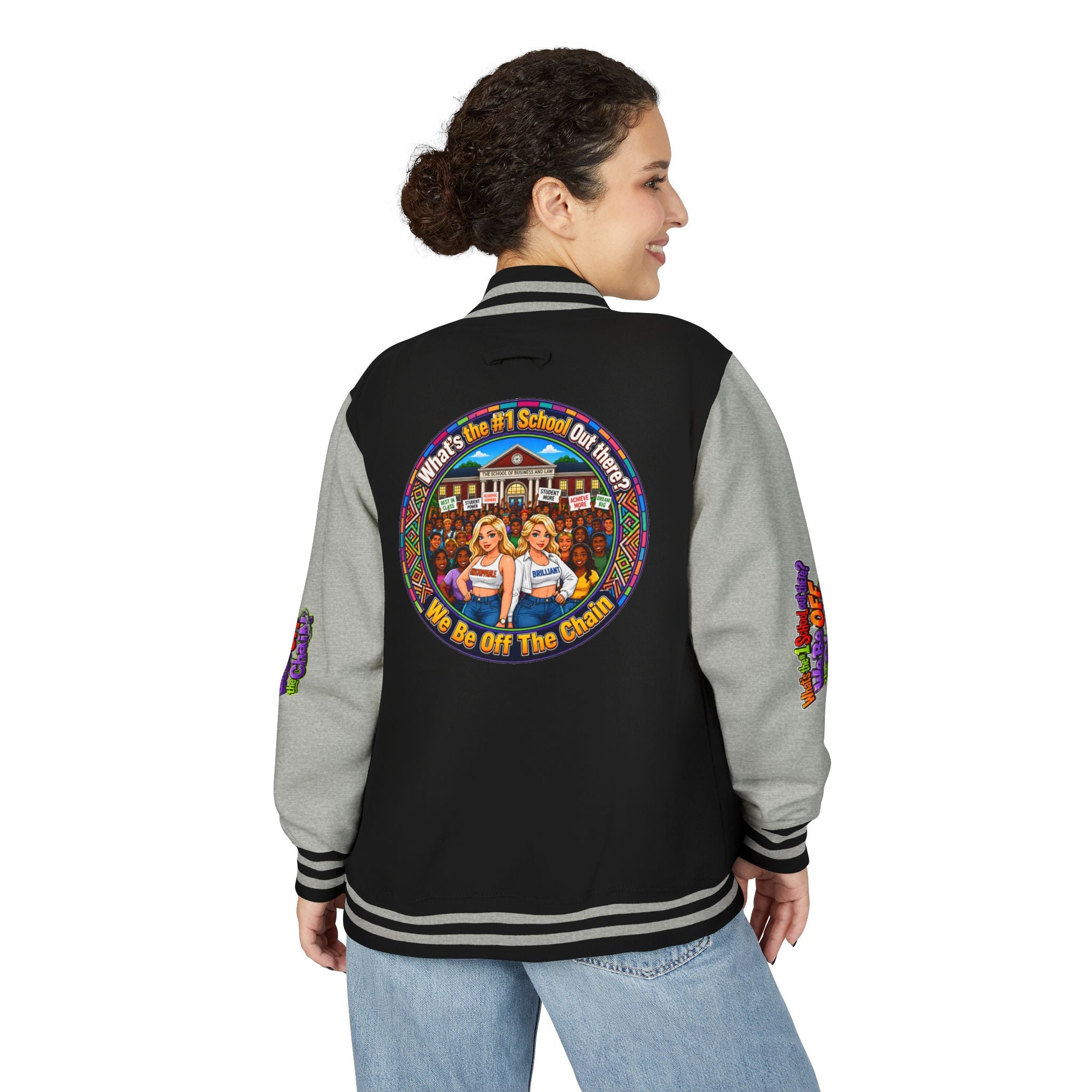 Letterman Jacket — Colorful School Spirit "We Be Off The Chain" Varsity Jacket