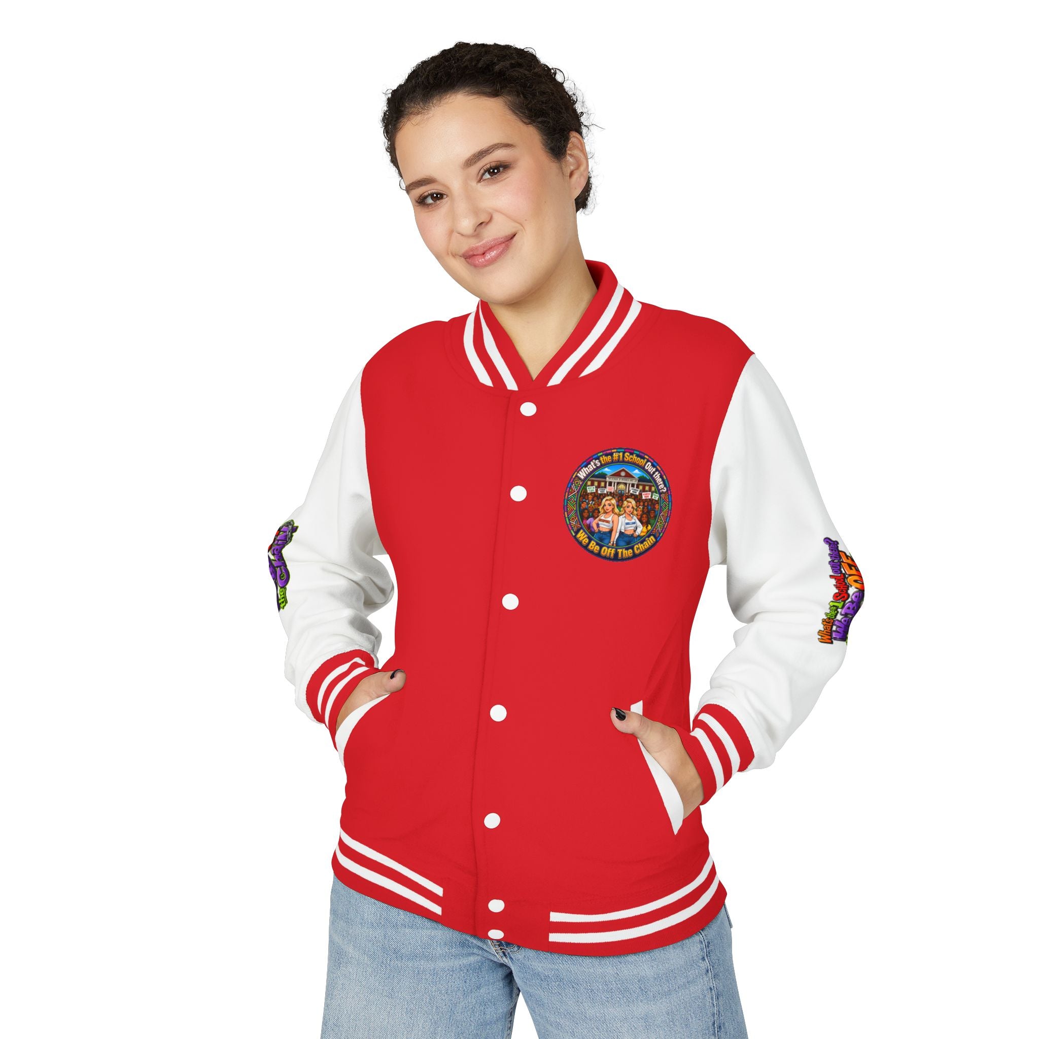 Letterman Jacket — Colorful School Spirit "We Be Off The Chain" Varsity Jacket