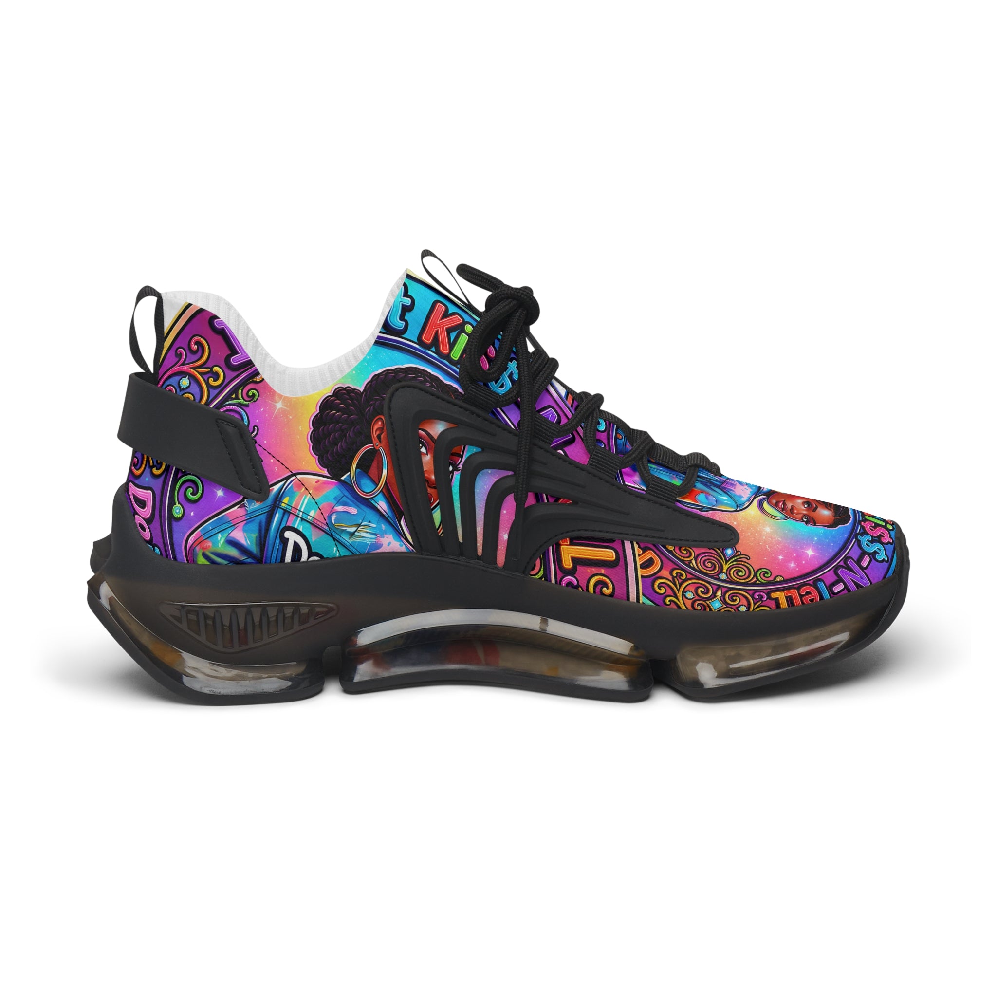 Women's Mesh Sneakers — Colorful Afrocentric Portrait Running Shoes with 'Don't Kiss' Graphic