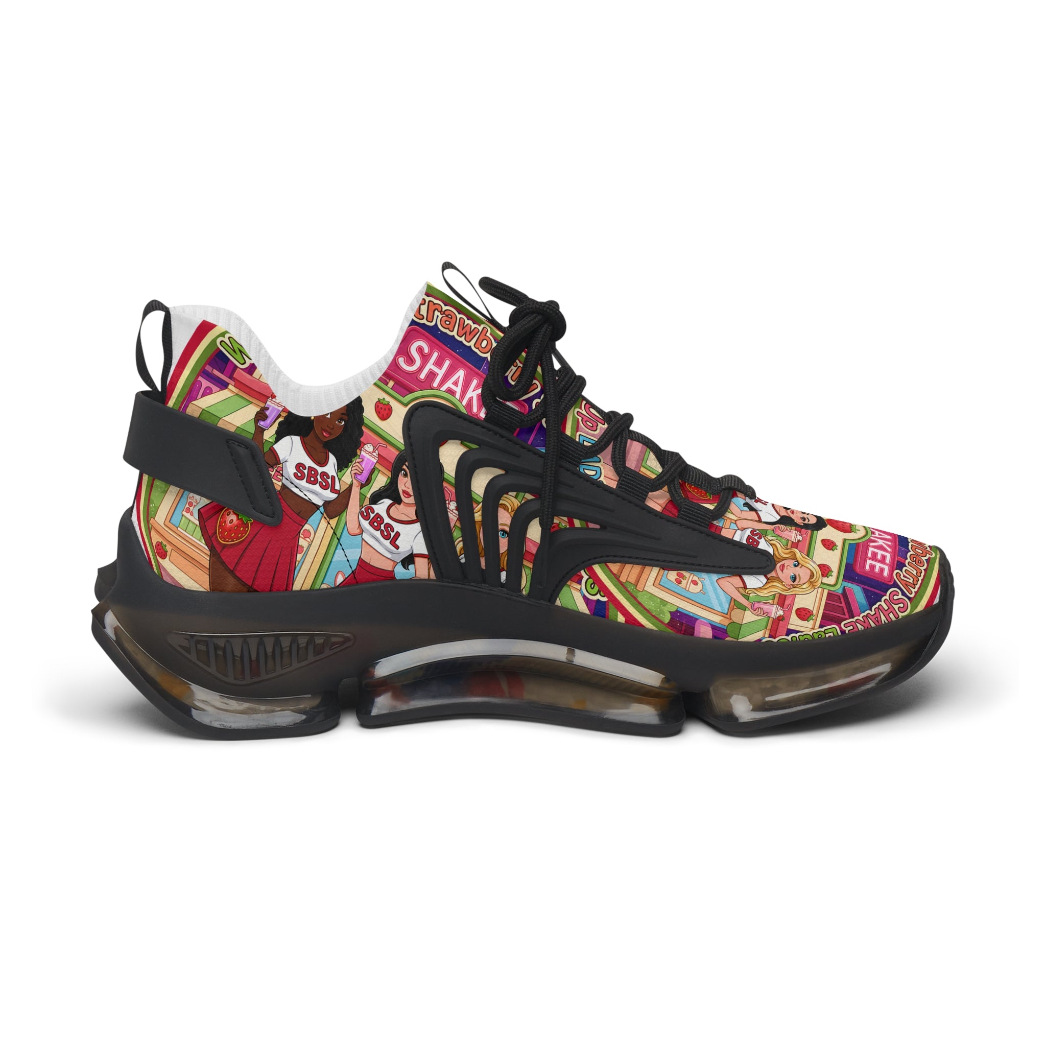 Women's Mesh Sneakers  "Strawberry Shake "— Colorful Retro Doll Print Athletic Shoes