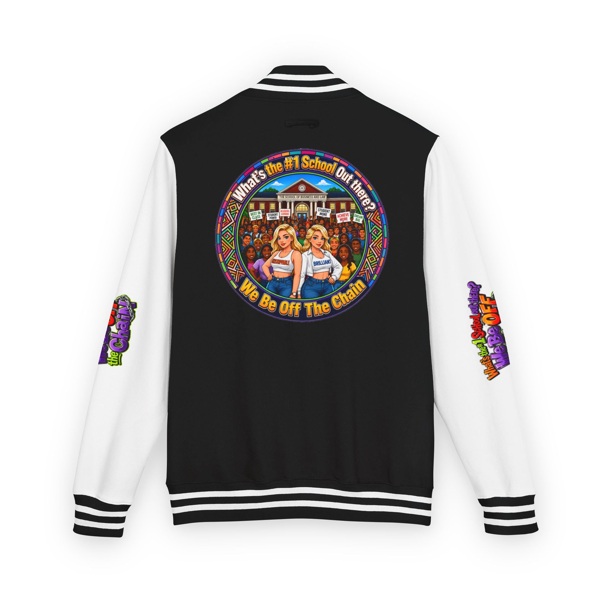 Letterman Jacket — Colorful School Spirit "We Be Off The Chain" Varsity Jacket