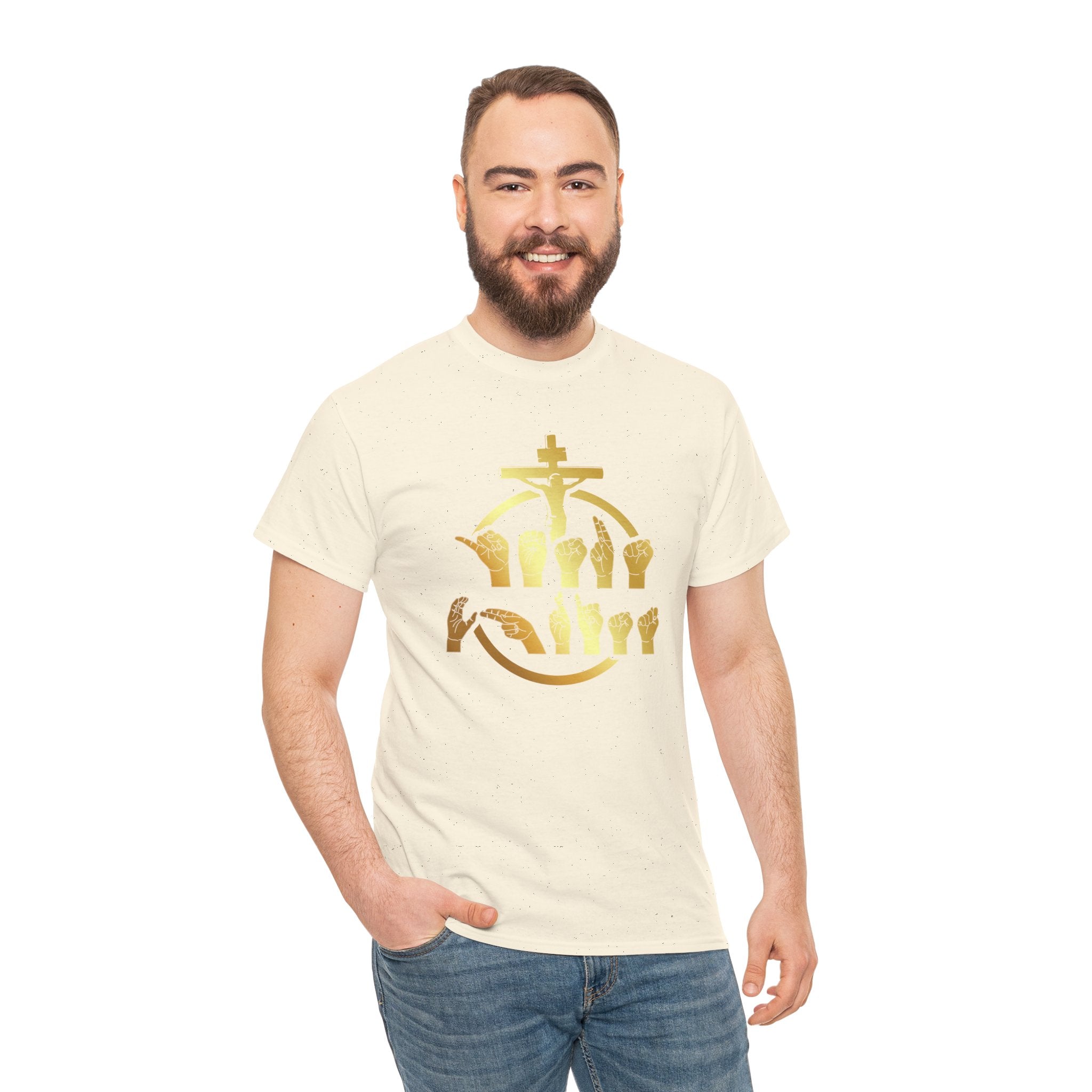 Christian Cross & Praying Hands T-Shirt — Gold Faith Design