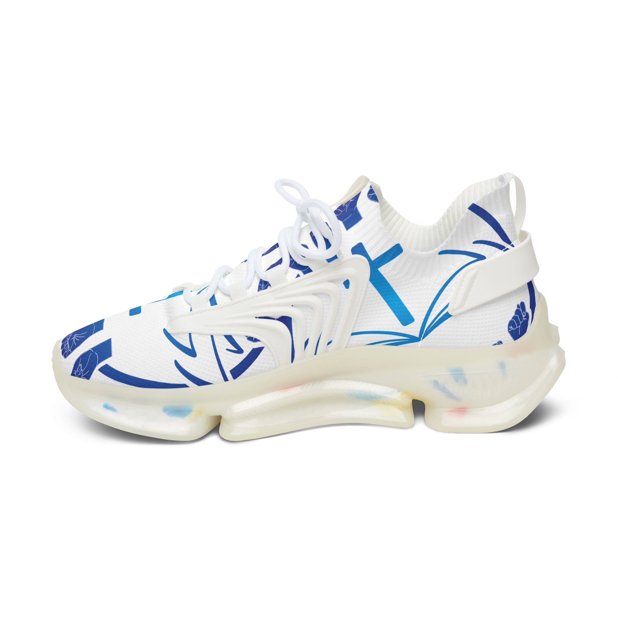 Women's White Mesh Sneakers — "Sign Language Jesus Christ "Lightweight Breathable Athletic Shoes with Color-Speckled Sole