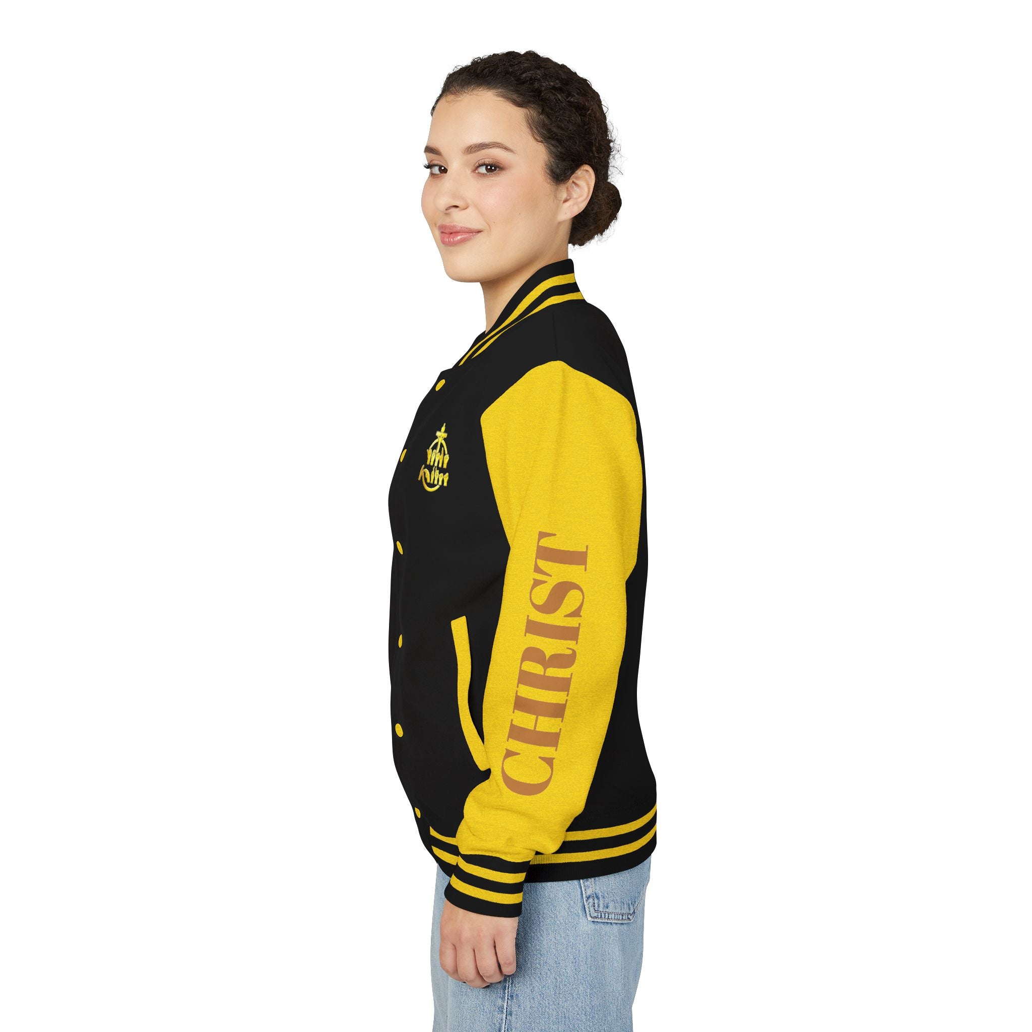 "Sign language Jesus Christ "     Christian Crown Letterman Jacket - 'Jesus Christ' Sleeve Varsity Jacket